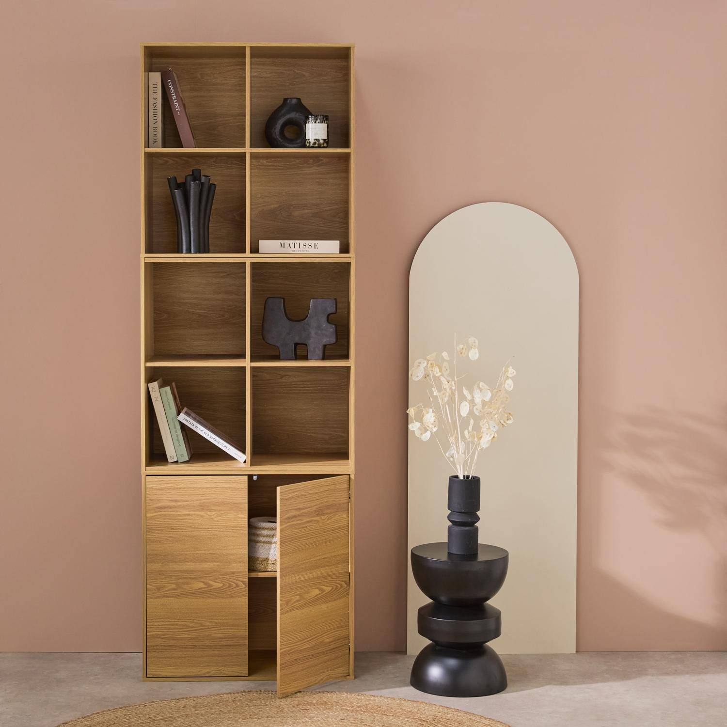 Modulares Regal eichenfarbenes Holzdekor 3 Elemente - 2 Türen 8 offene Fächer  B 70 x T 35 x H 210cm - Kompo,sweeek,Photo2