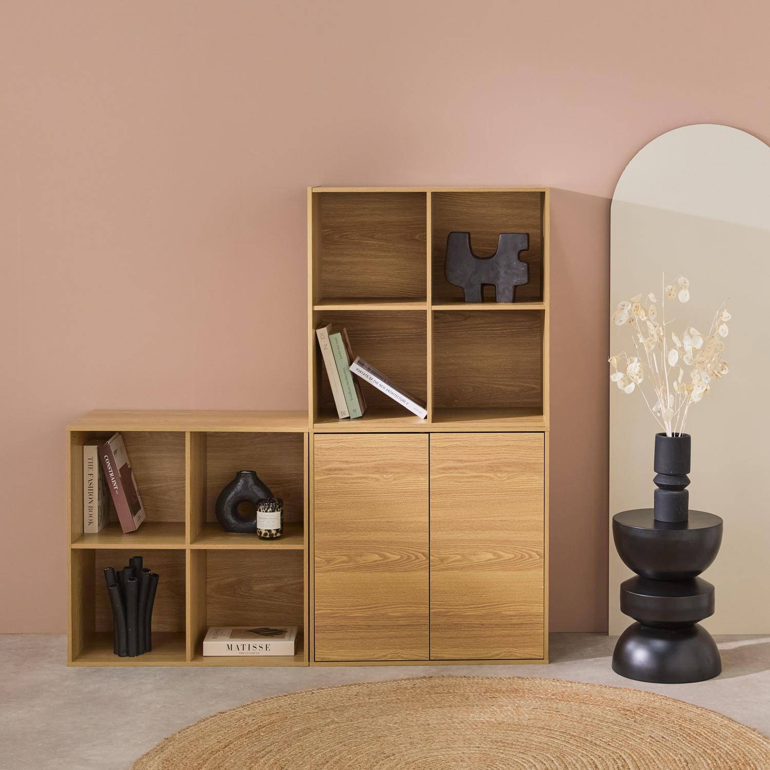 Modulares Regal eichenfarbenes Holzdekor 3 Elemente - 2 Türen 8 offene Fächer  B 70 x T 35 x H 210cm - Kompo,sweeek,Photo3