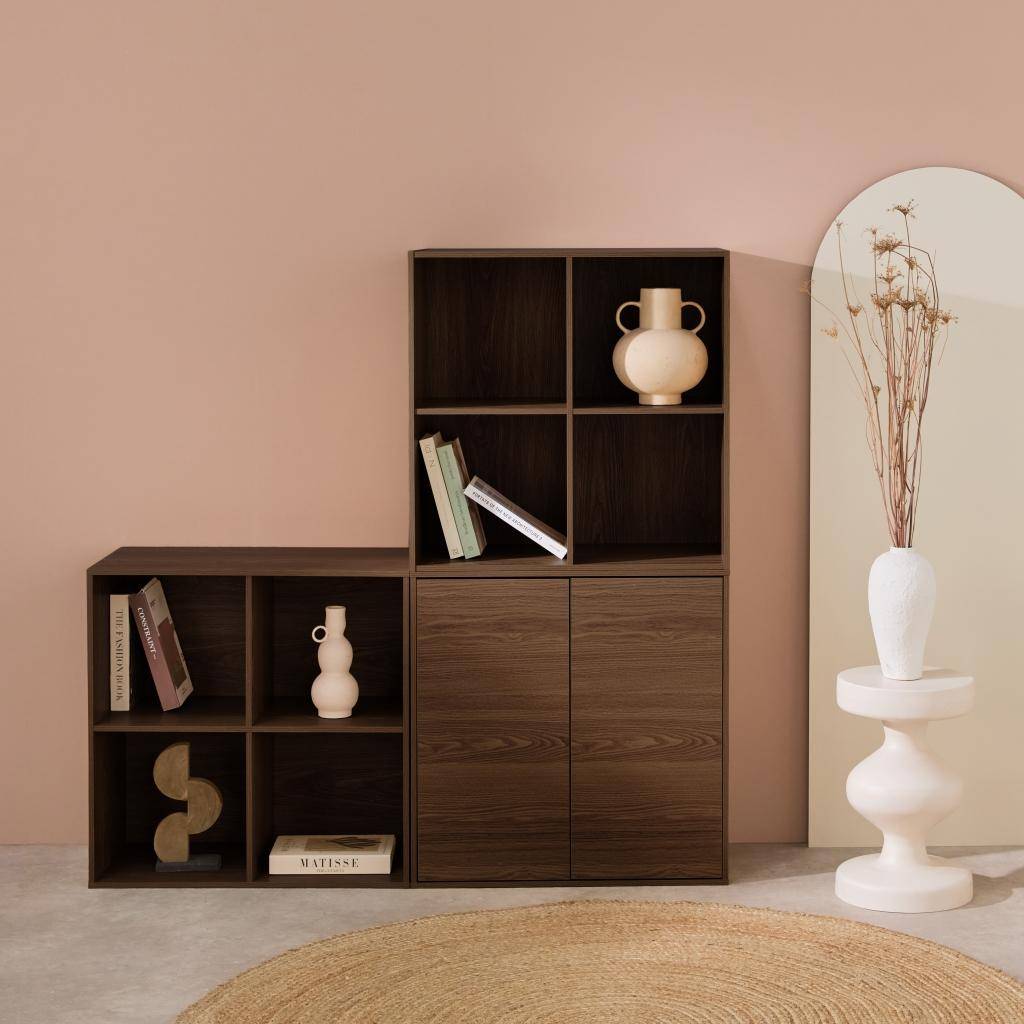 Boekenkast, modulaire opbergmodule houtdecor walnoot 3 elementen - 2 deuren 8 vakken L 70 x B 35 x H 210cm - Kompo Photo3