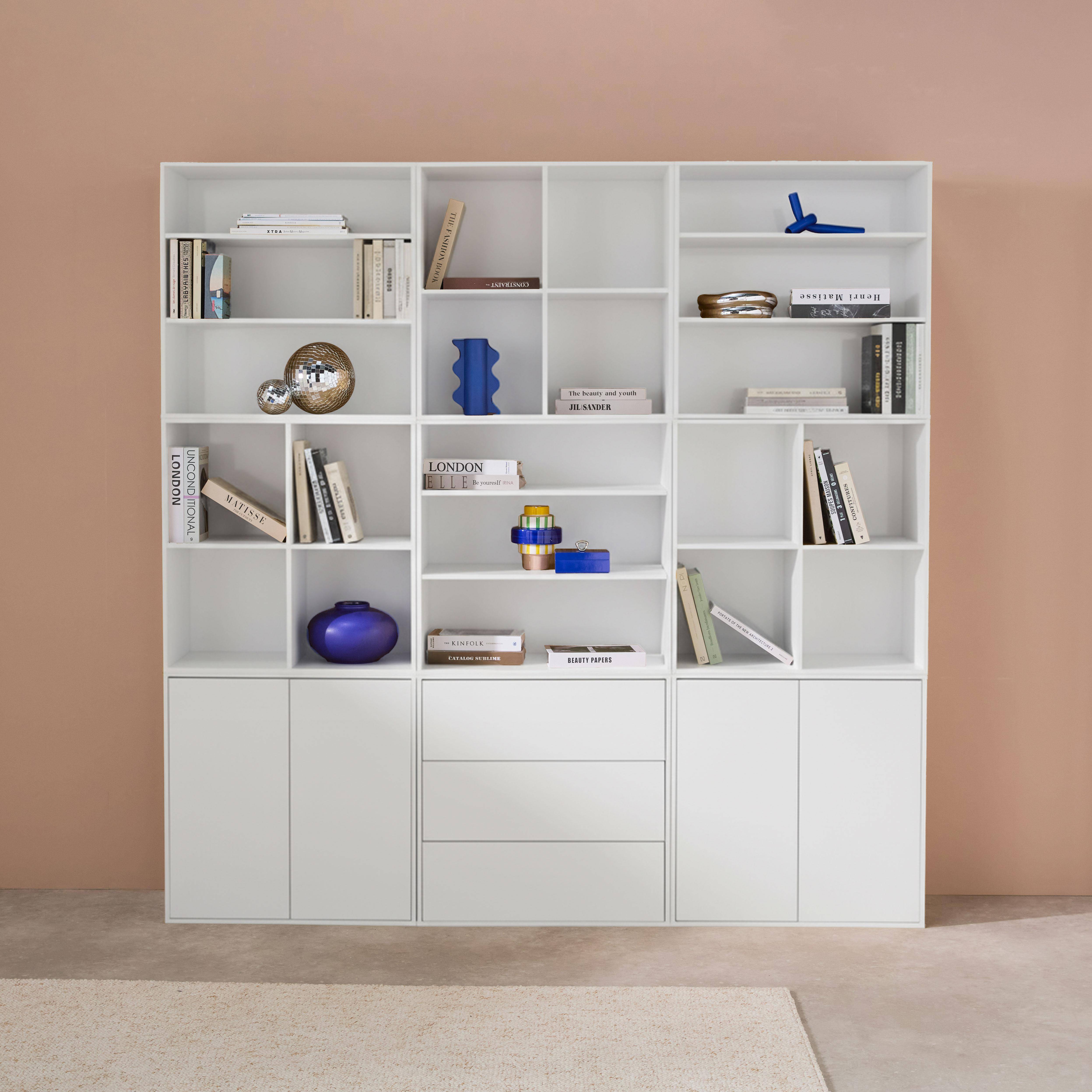 Kit étagère, bibliothèque décor bois blanc 9 éléments 100% modulable L 210 x P 35 x H 210cm - Kompo Photo1