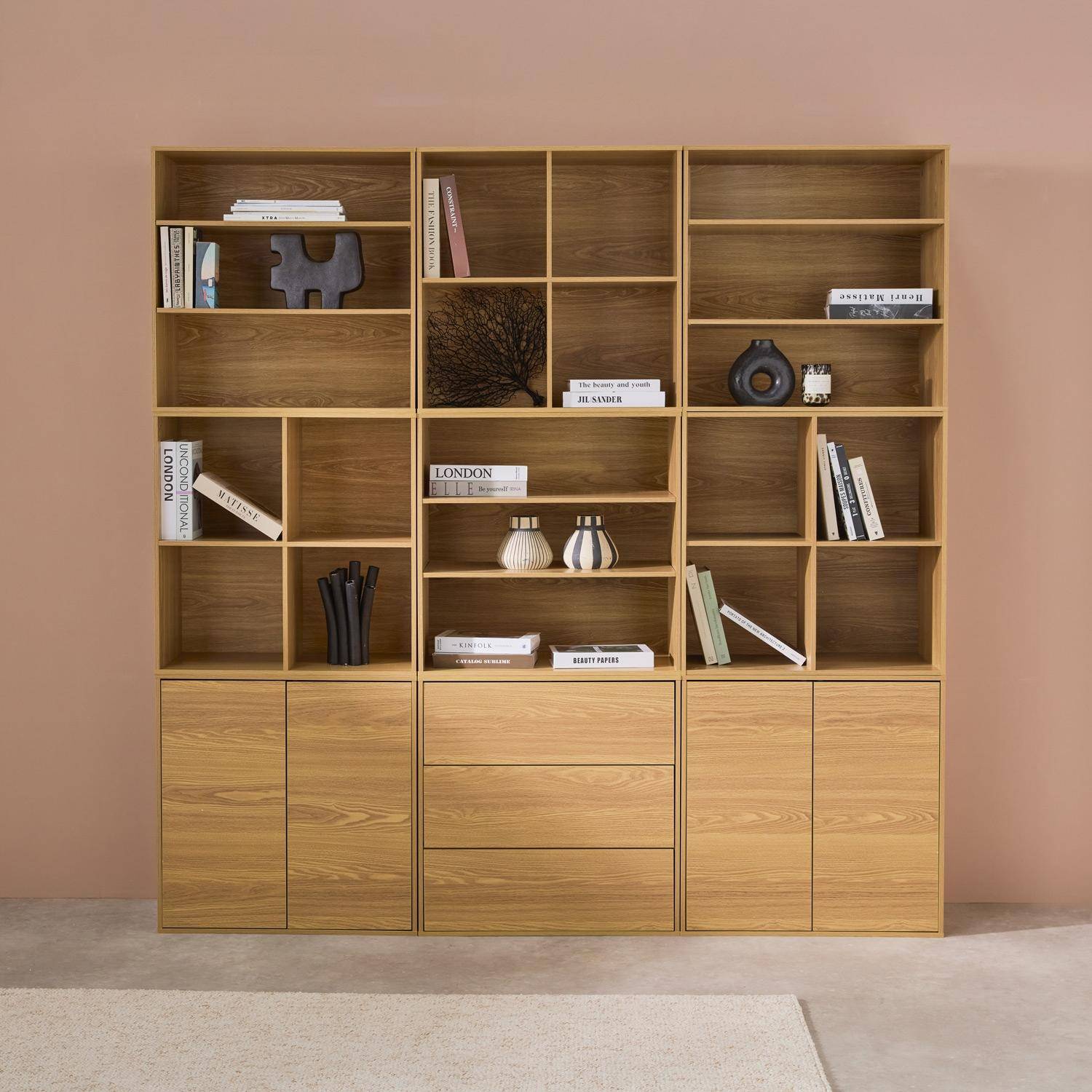 Kit étagère, bibliothèque décor bois chêne 9 éléments 100% modulable L 210 x P 35 x H 210cm - Kompo,sweeek,Photo1