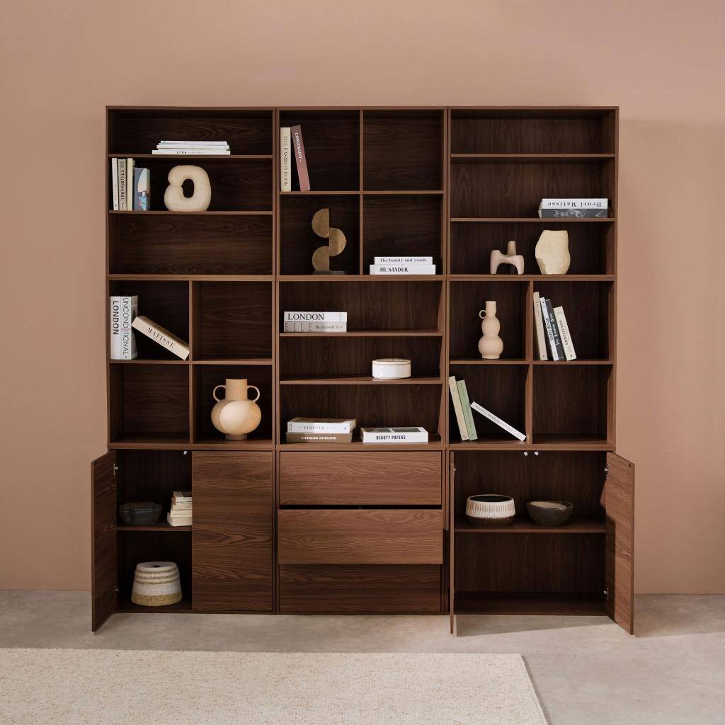 Modulaire opbergmodule houtdecor walnoot 9 elementen 100% moduleerbaar L 210 x B 35 x H 210cm - Kompo Photo2