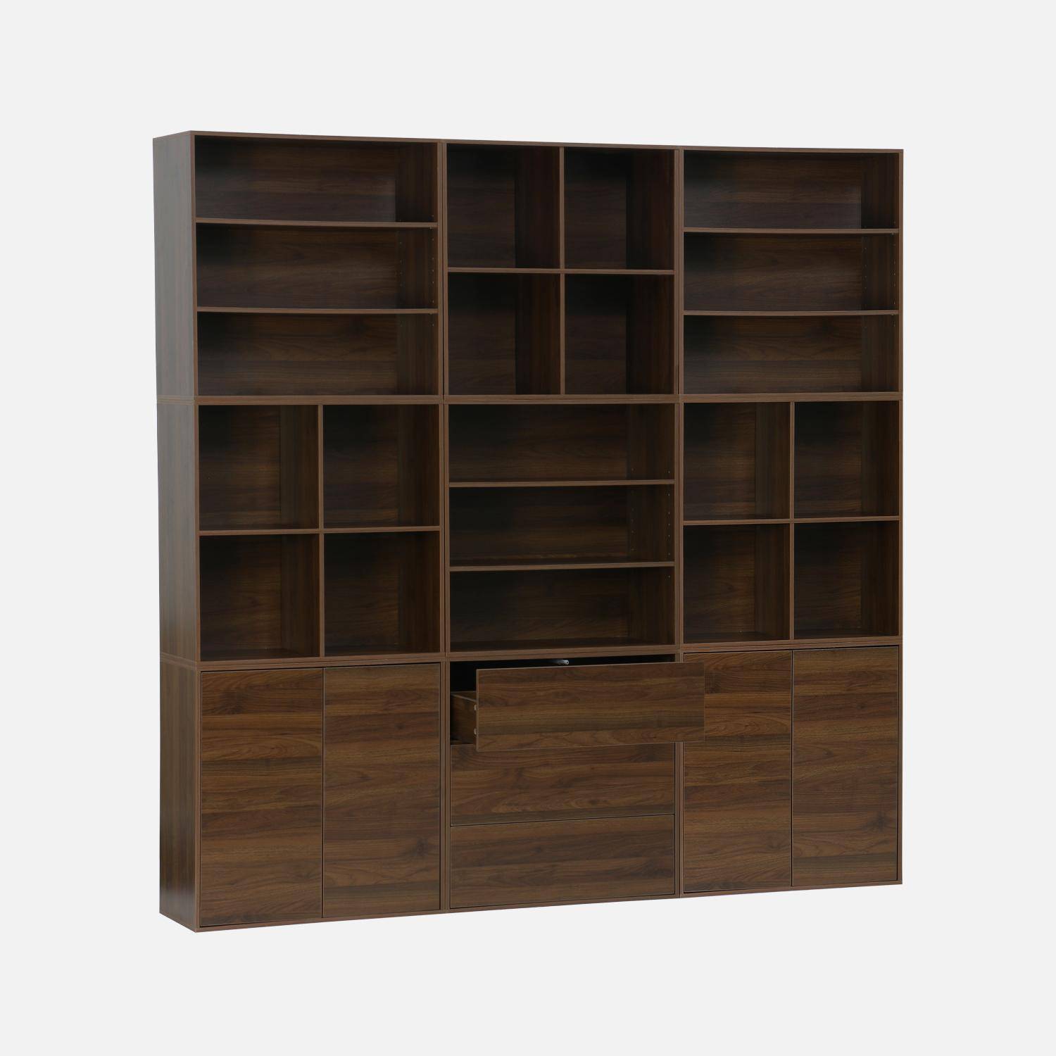 Kit étagère, bibliothèque décor bois noyer 9 éléments 100% modulable L 210 x P 35 x H 210cm - Kompo Photo2