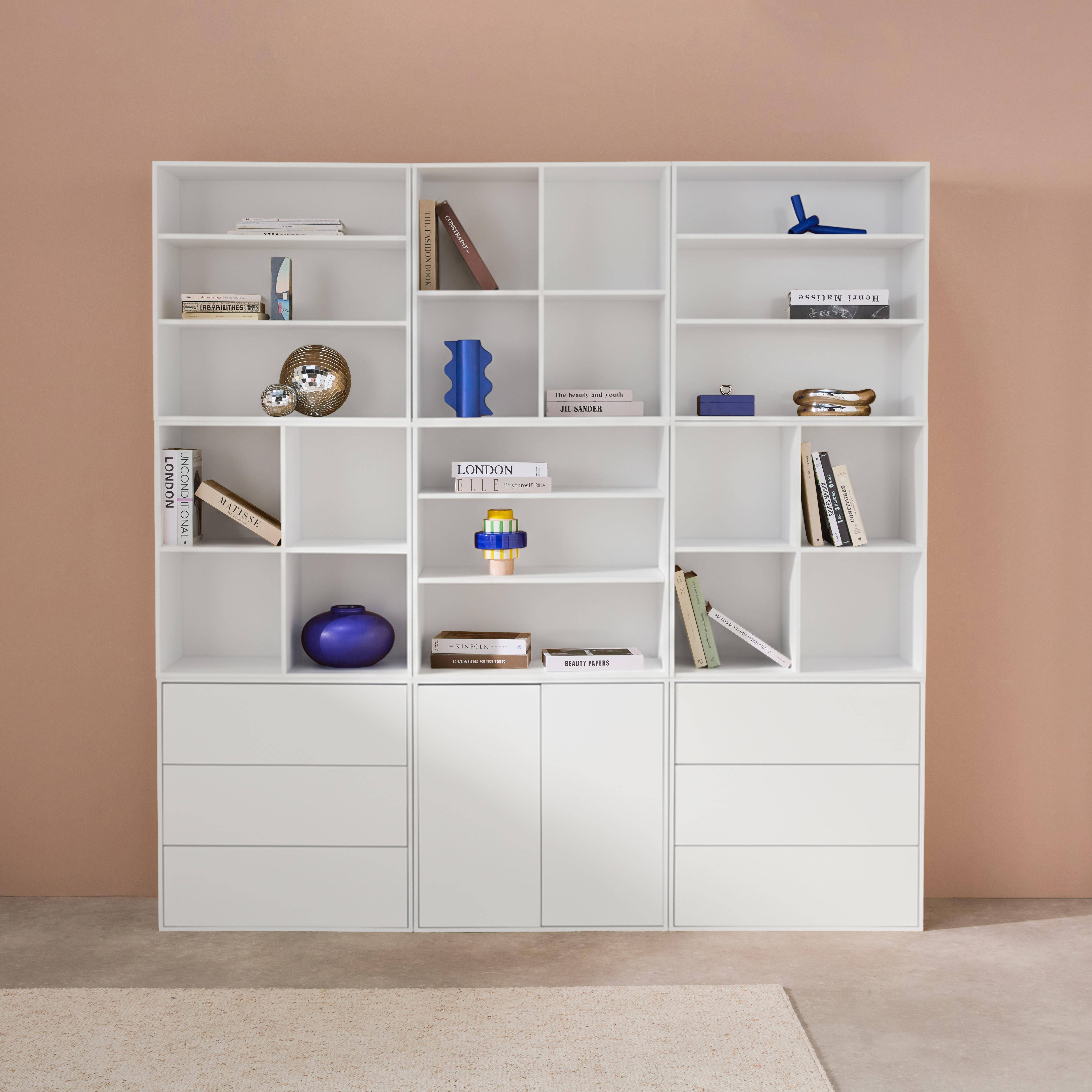 Kit étagère, bibliothèque décor bois blanc 9 éléments 100% modulable L 210 x P 35 x H 210cm - Kompo Photo1