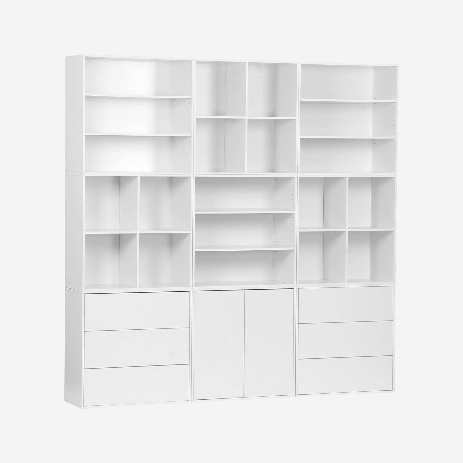 Kit étagère, bibliothèque décor bois blanc 9 éléments 100% modulable L 210 x P 35 x H 210cm - Kompo Photo1