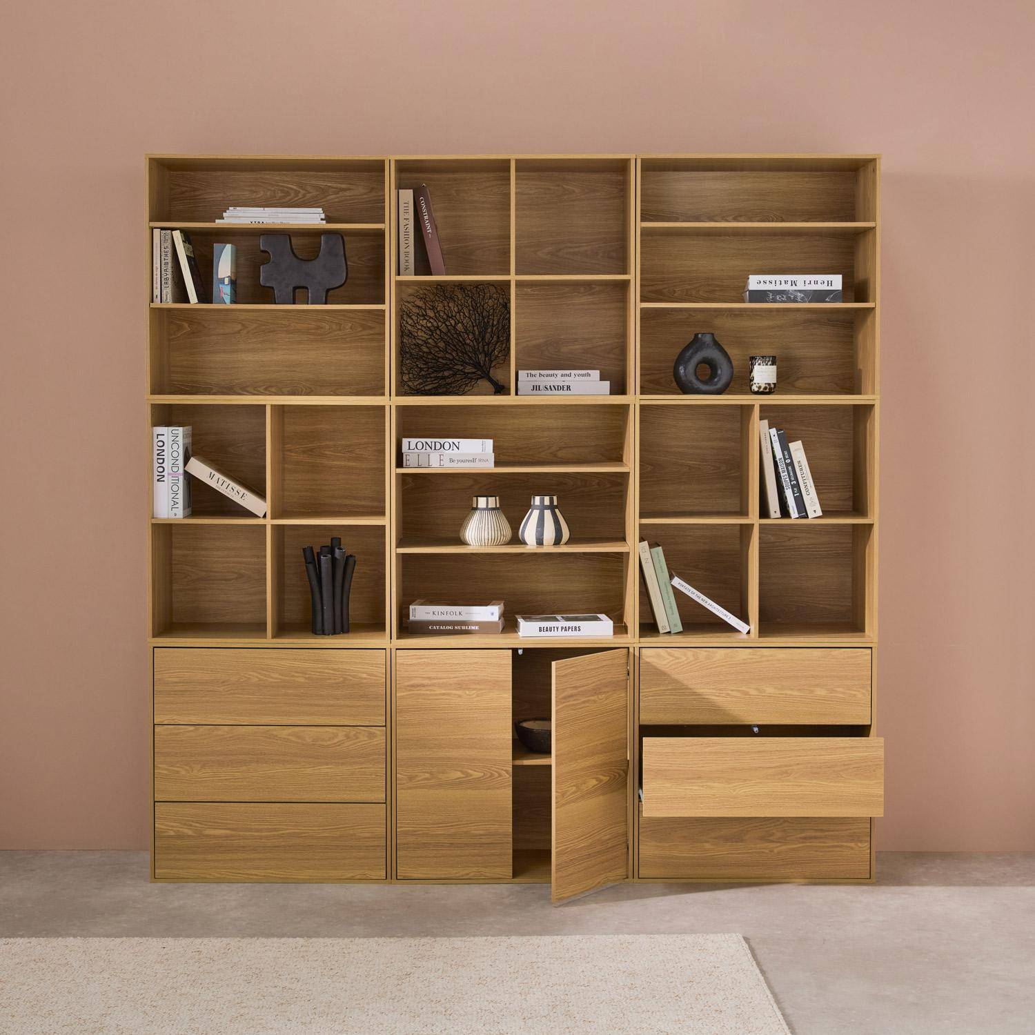 Shelf kit, modular bookshelf wood decor 9 elements, Kompo, Light wood, 210x35x210 cm,sweeek,Photo2