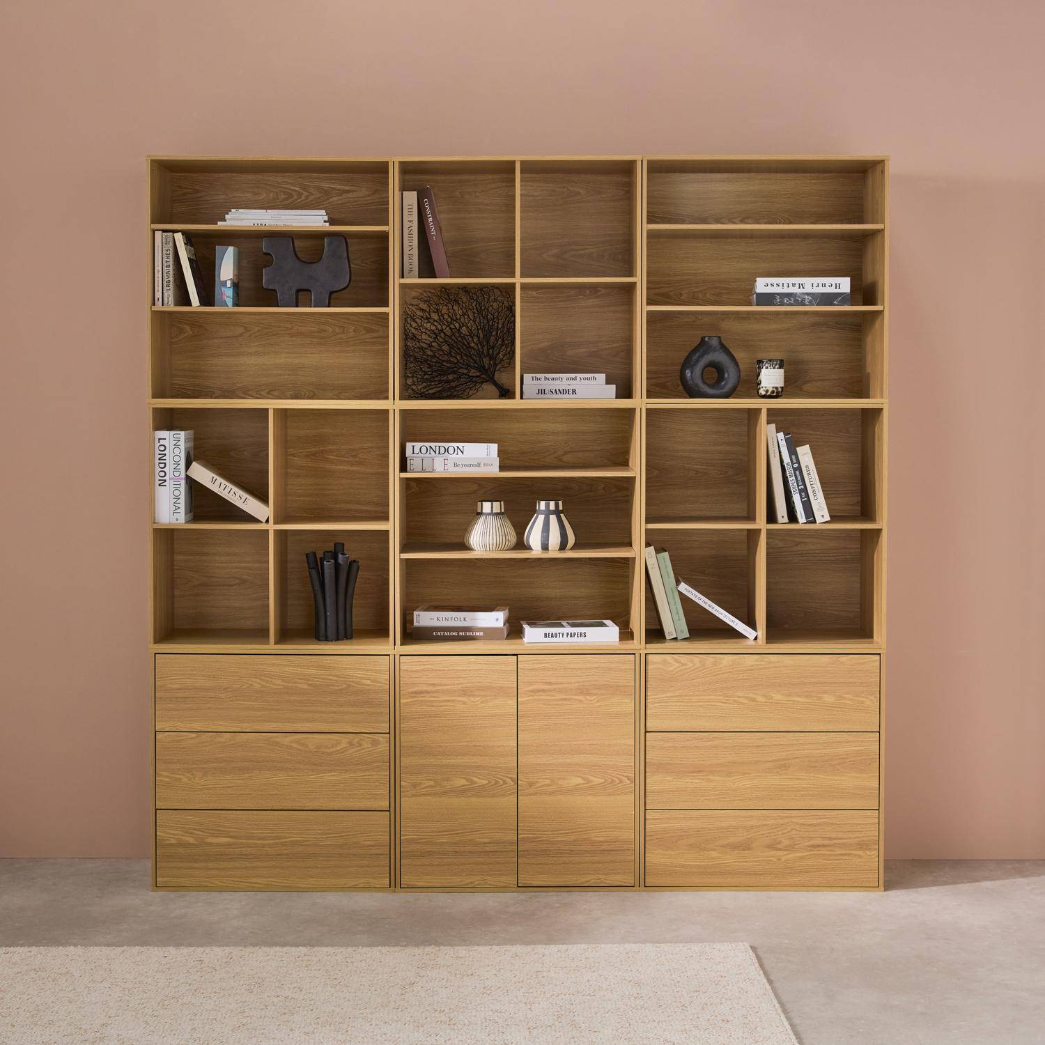 Shelf kit, modular bookshelf wood decor 9 elements, Kompo, Light wood, 210x35x210 cm Photo1