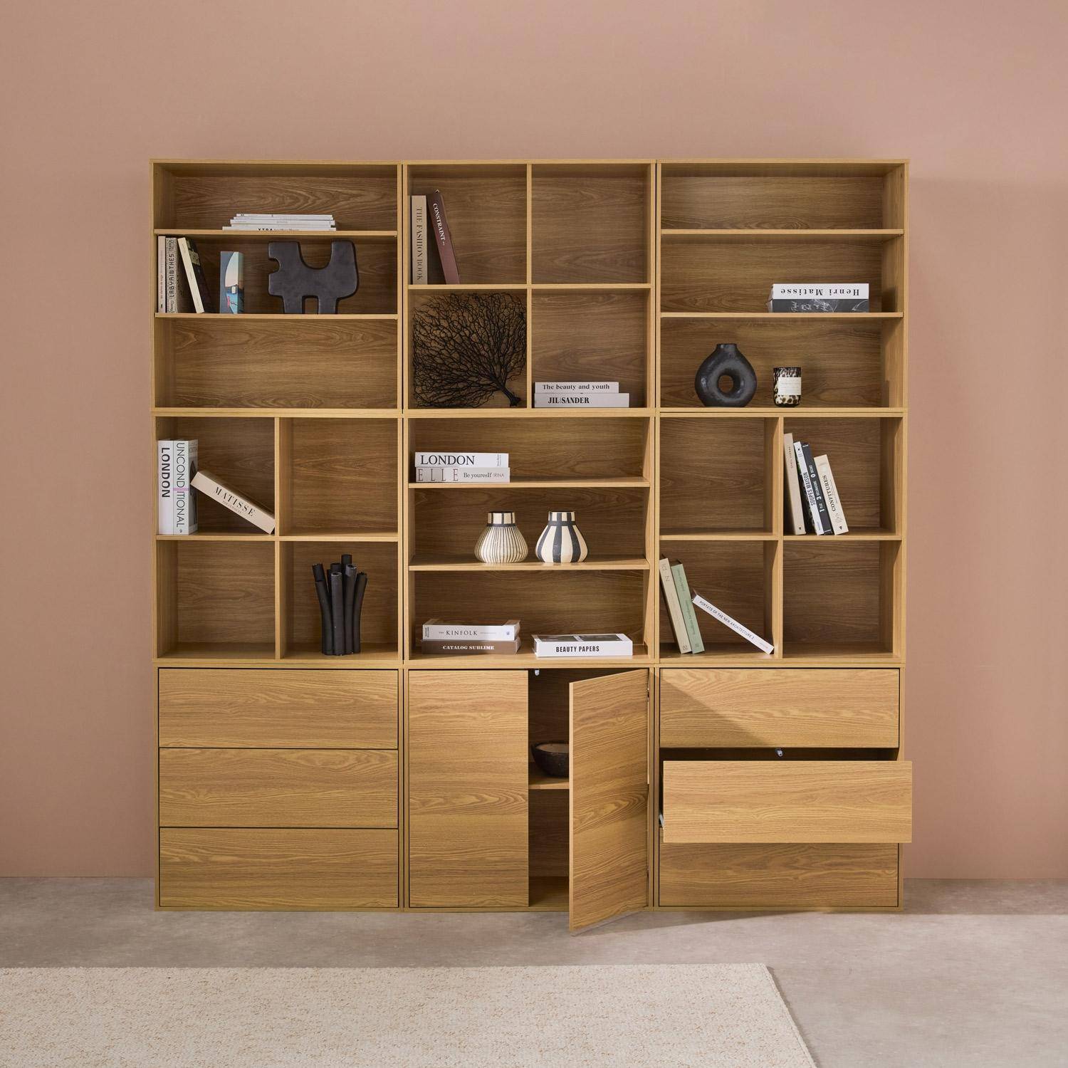 Shelf kit, modular bookshelf wood decor 9 elements, Kompo, Oak effect, 210x35x210 cm,sweeek,Photo2