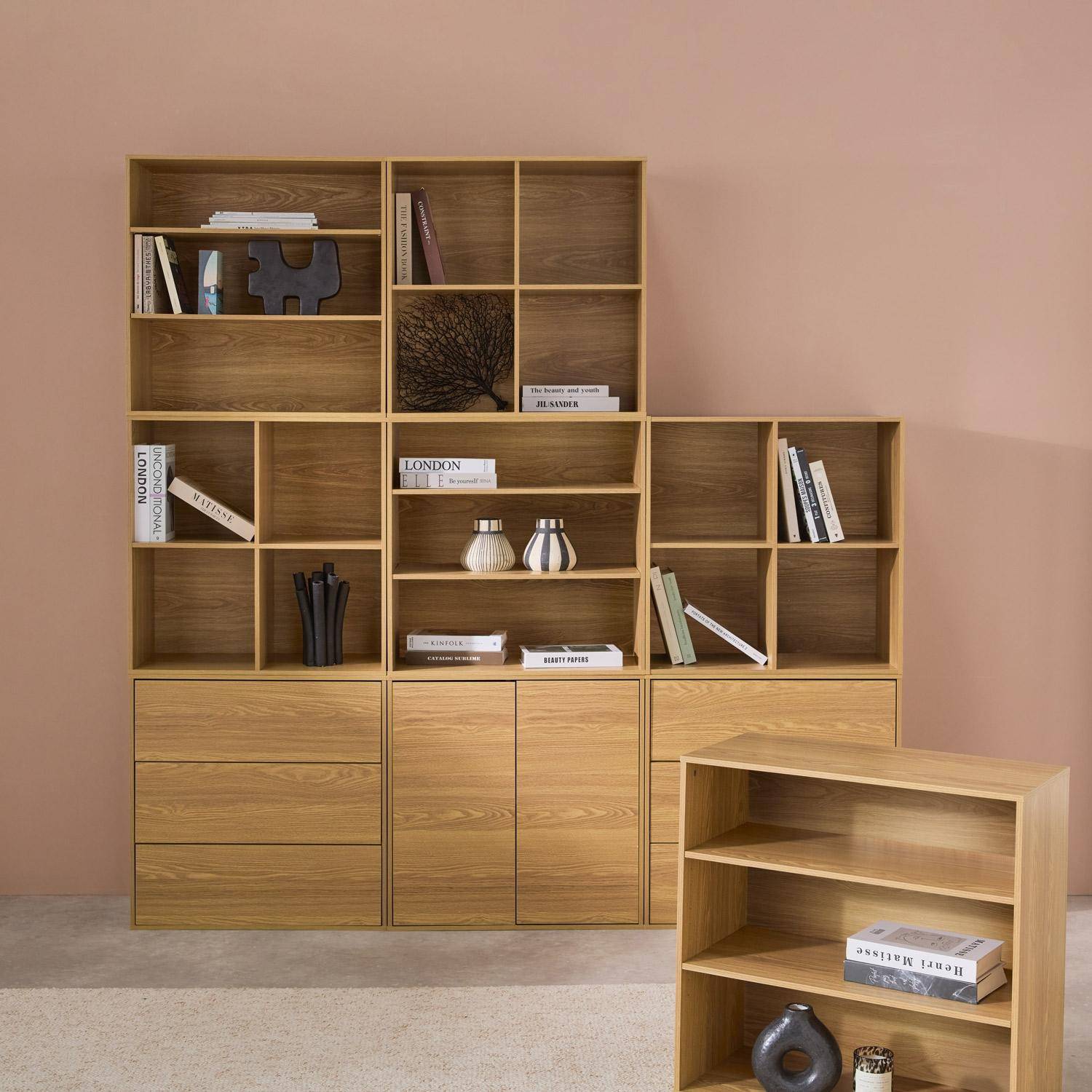 Shelf kit, modular bookshelf wood decor 9 elements, Kompo, Oak effect, 210x35x210 cm,sweeek,Photo3