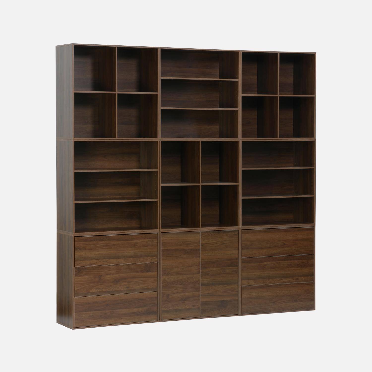 Shelf kit, modular bookshelf wood decor 9 elements, Kompo, Walnut, 210x35x210 cm,sweeek,Photo5