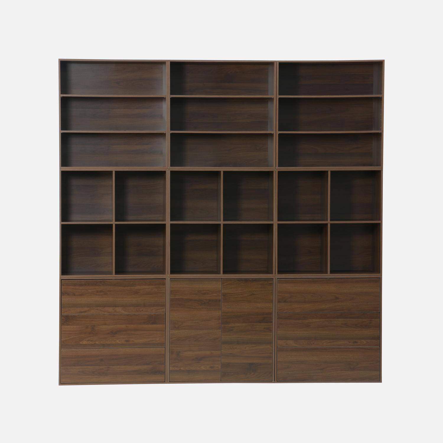 Kit étagère, bibliothèque décor bois noyer 9 éléments 100% modulable L 210 x P 35 x H 210cm - Kompo Photo3