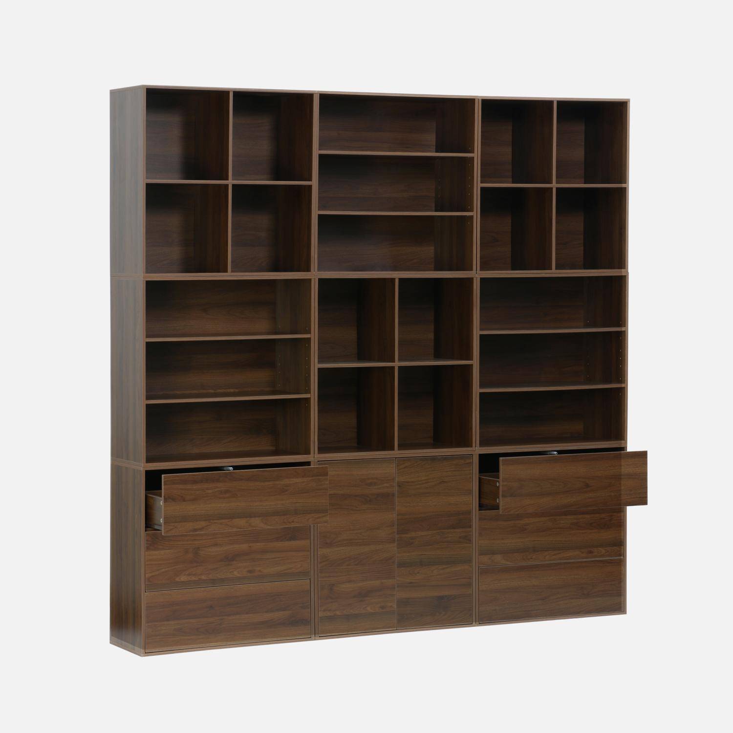 Kit étagère, bibliothèque décor bois noyer 9 éléments 100% modulable L 210 x P 35 x H 210cm - Kompo Photo2