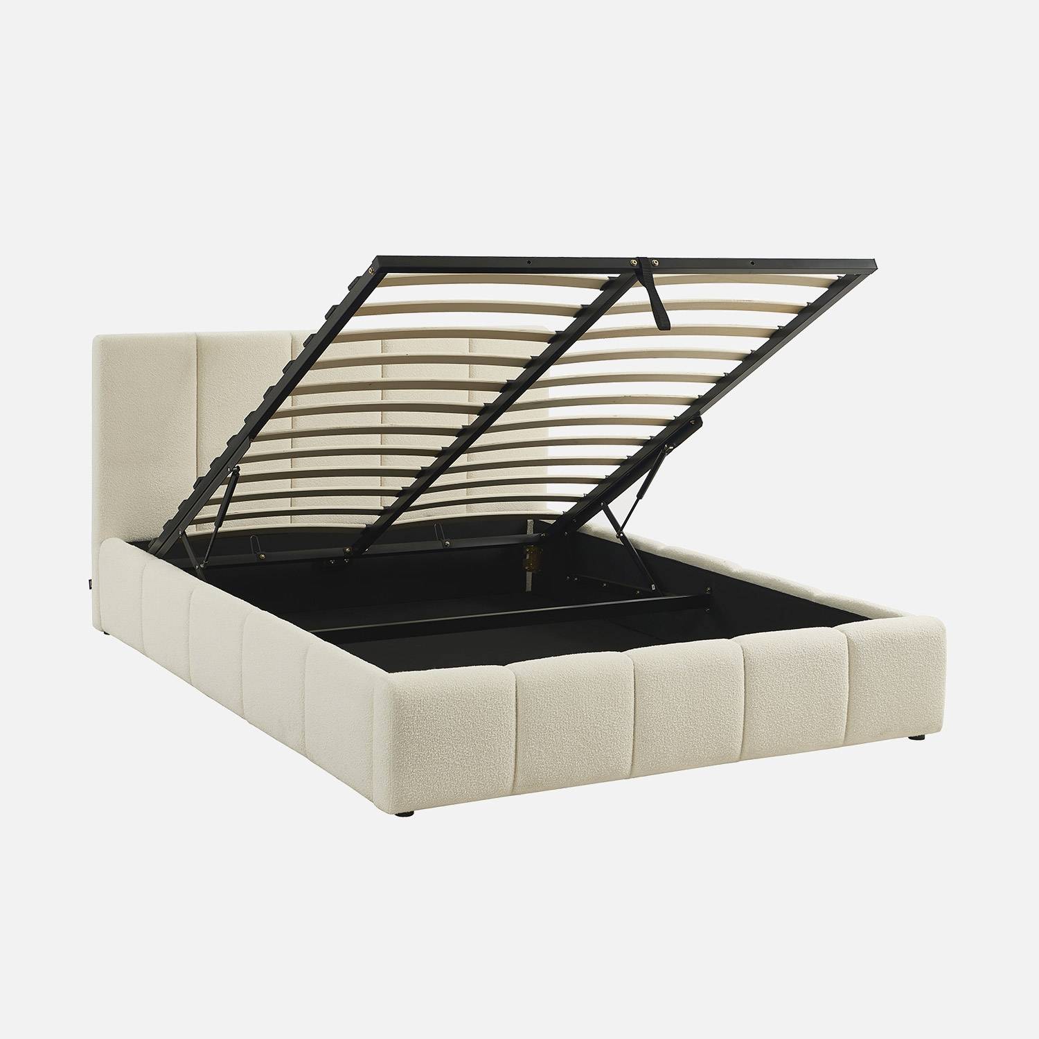 Lit coffre + sommier + tête de lit bouclette texturée blanche 140x190cm