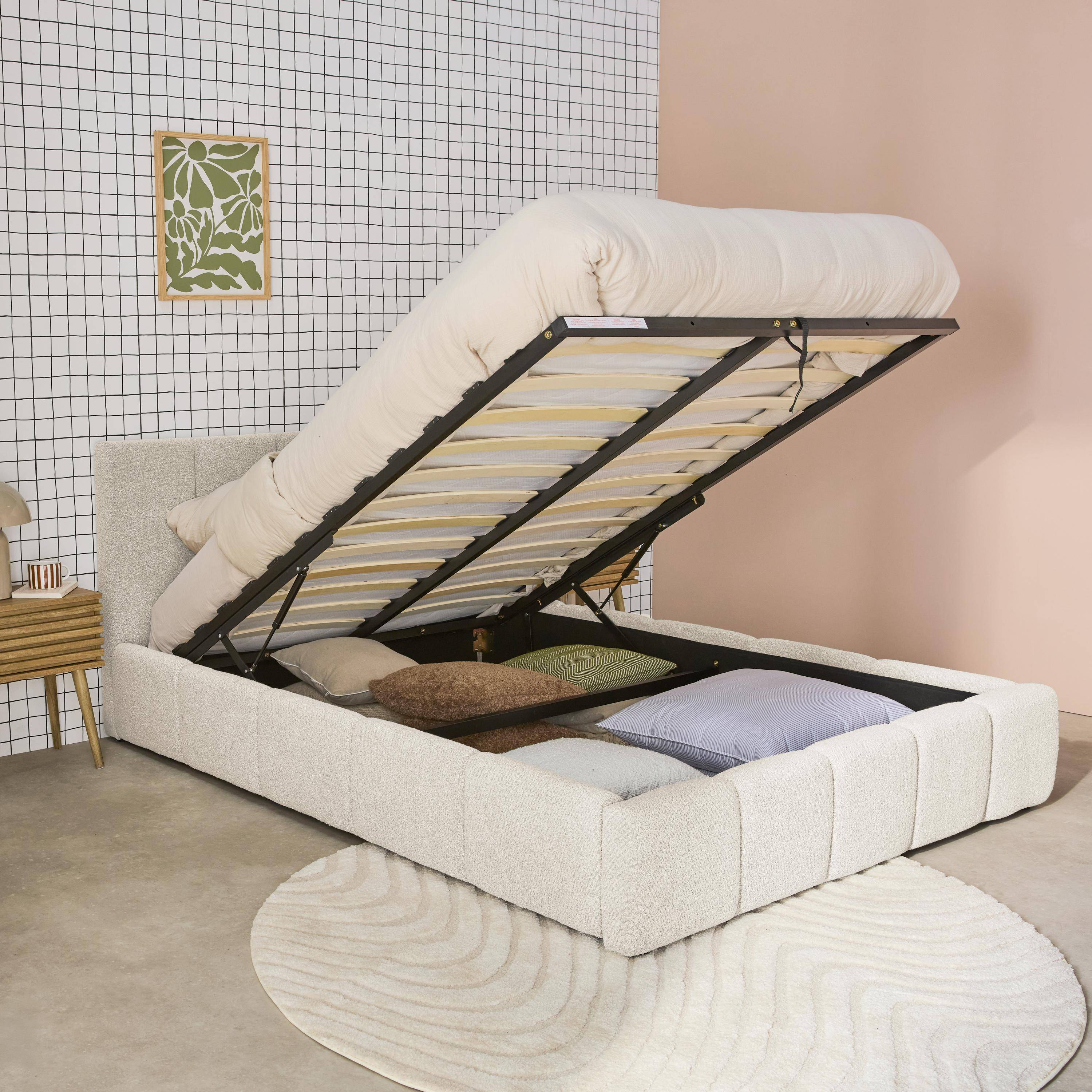 Cama baúl con somier a láminas y cabecero 140cm, acabado en borreguito , Lex, Blanco, 211x155x91 cm Photo3