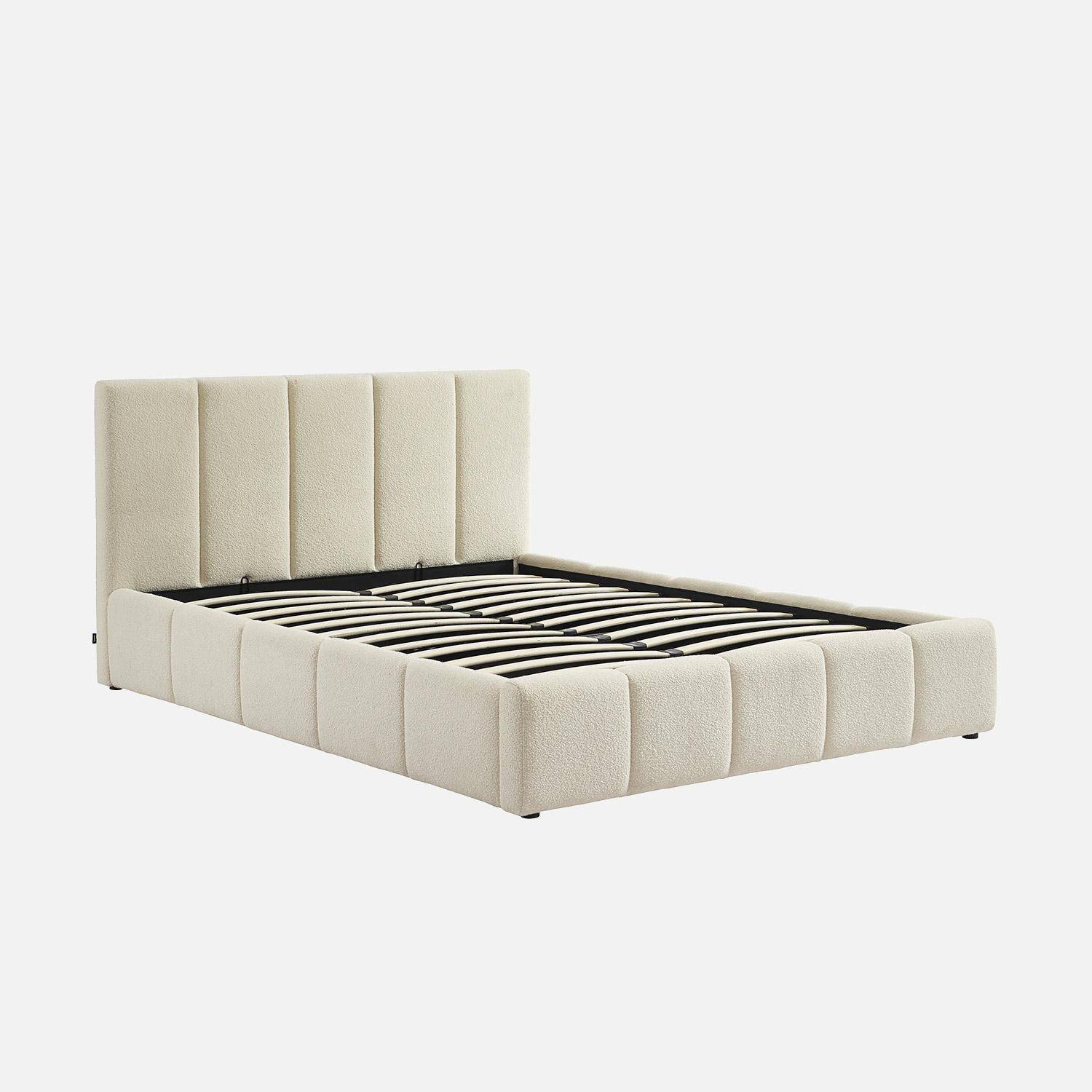 Lit coffre double avec sommier à lattes et tête de lit blanc finition bouclette texturée 140x190cm- Lex,sweeek,Photo2