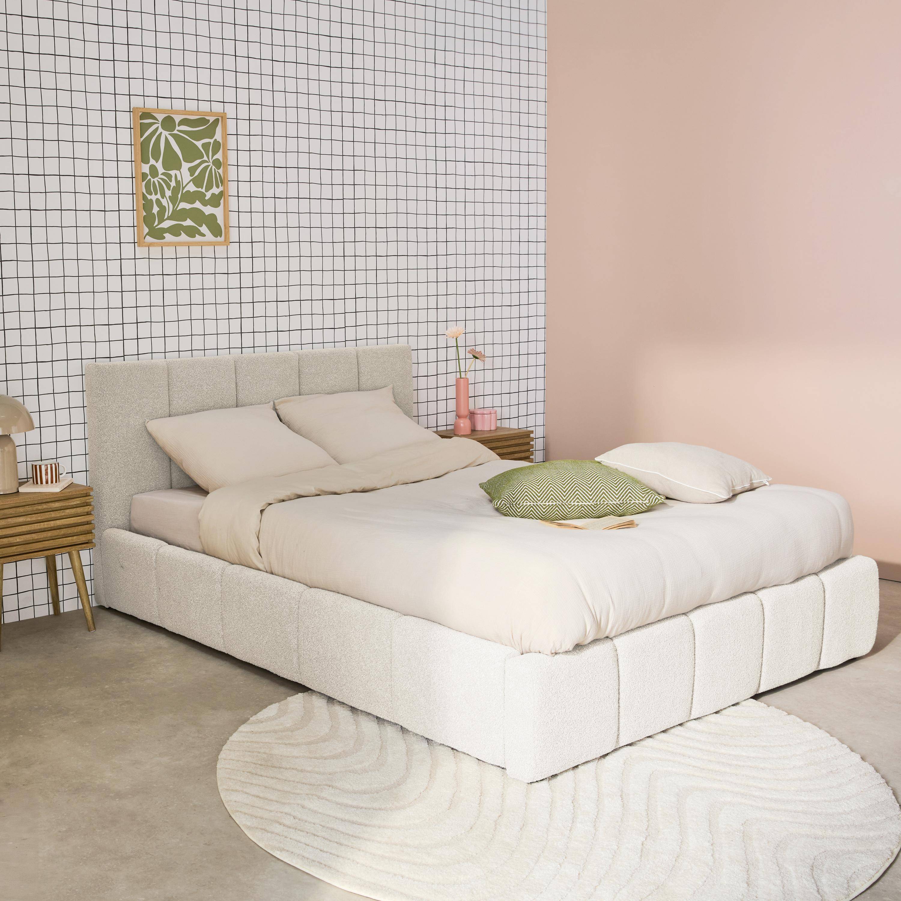 Cama baúl con somier a láminas y cabecero 140cm, acabado en borreguito , Lex, Blanco, 211x155x91 cm Photo2
