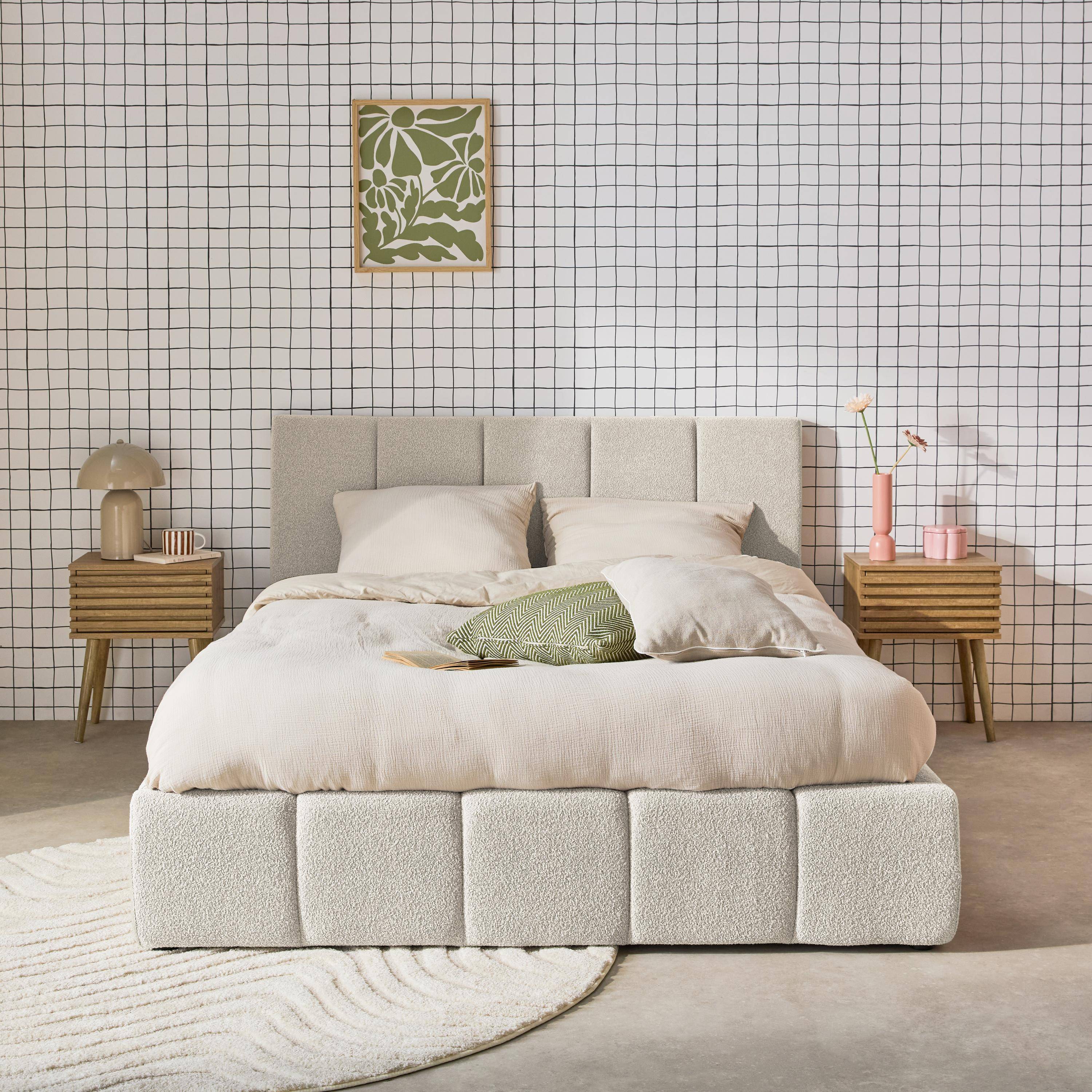 Cama baúl con somier a láminas y cabecero 140cm, acabado en borreguito , Lex, Blanco, 211x155x91 cm Photo1
