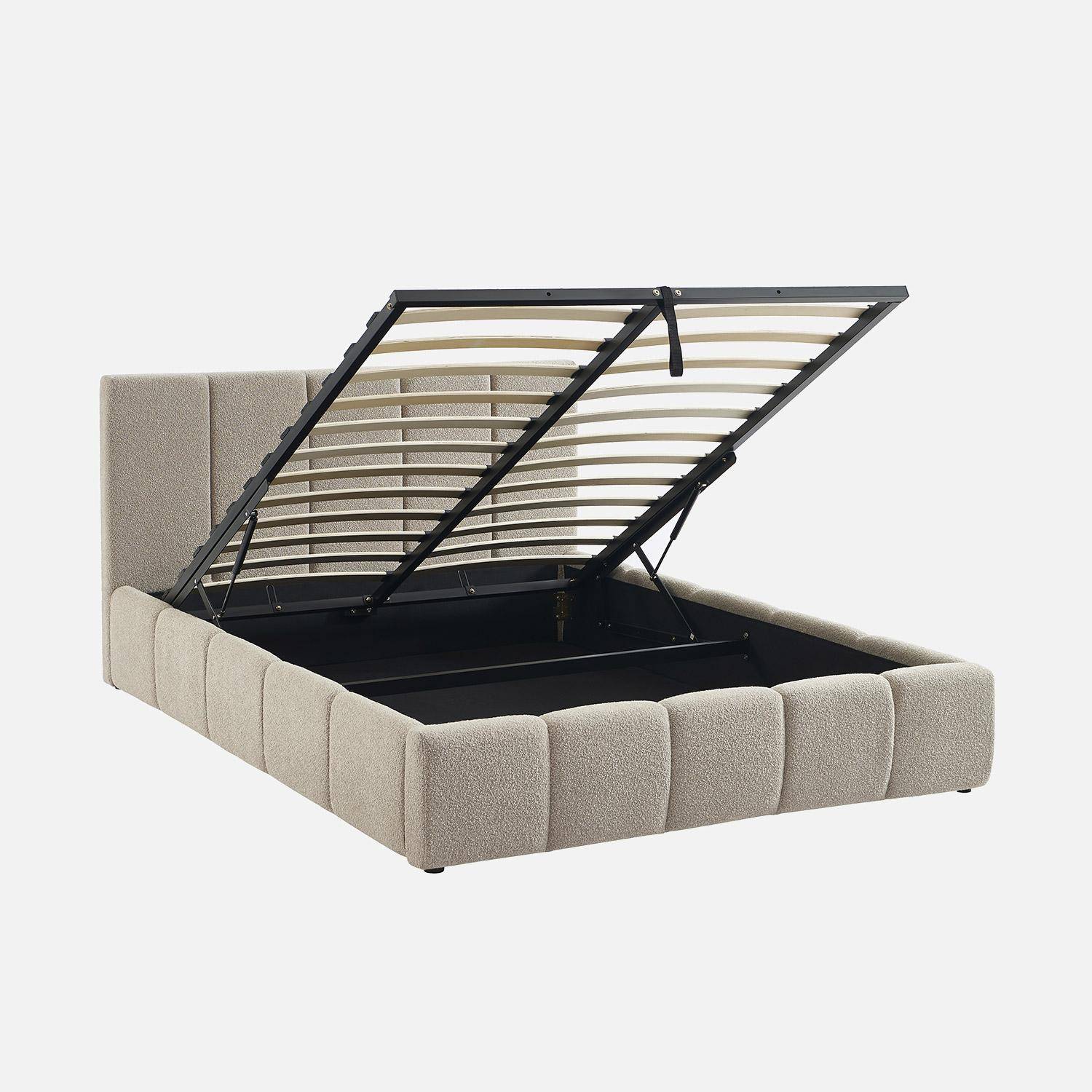 Lit coffre double avec sommier à lattes et tête de lit beige finition bouclette texturée 140x190cm- Lex,sweeek,Photo1