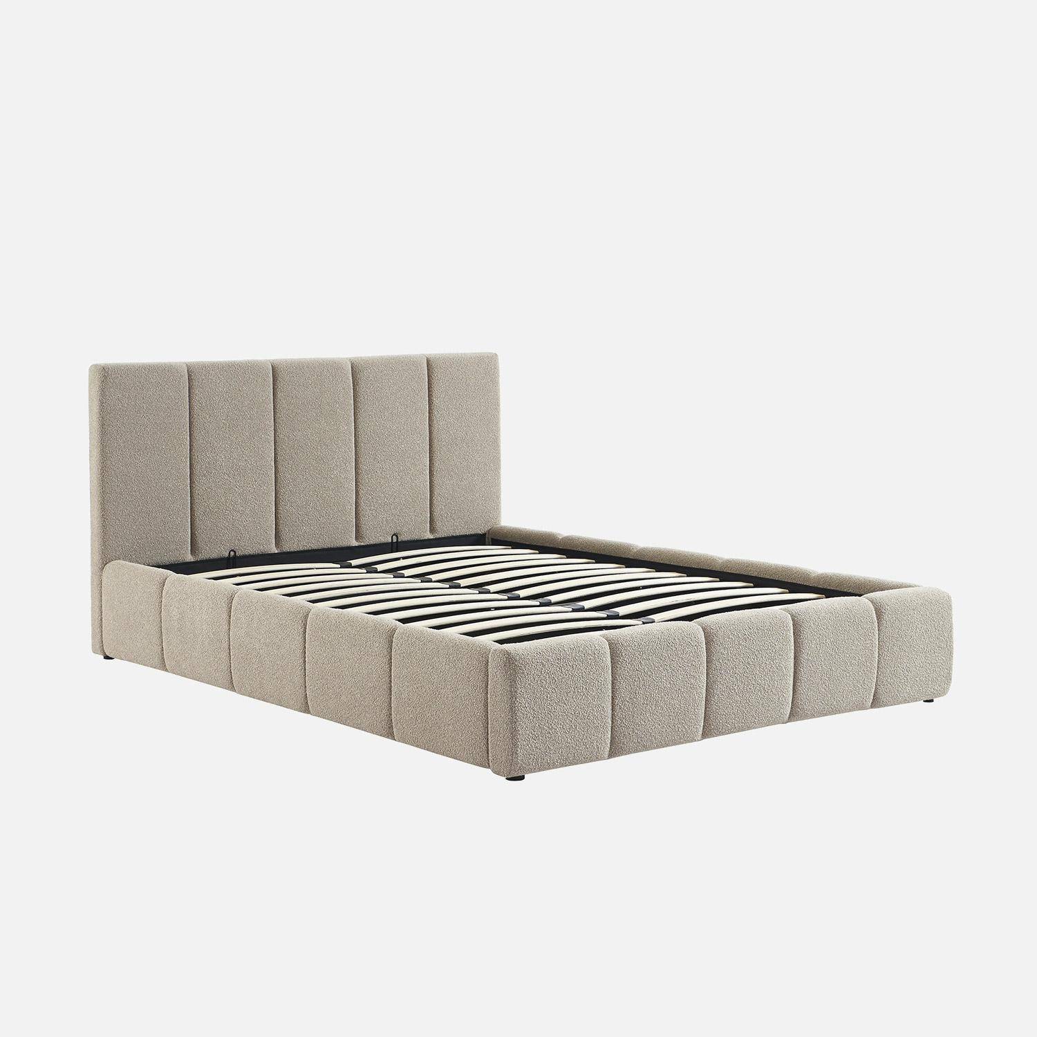 Lit coffre double avec sommier à lattes et tête de lit beige finition bouclette texturée 140x190cm- Lex Photo2