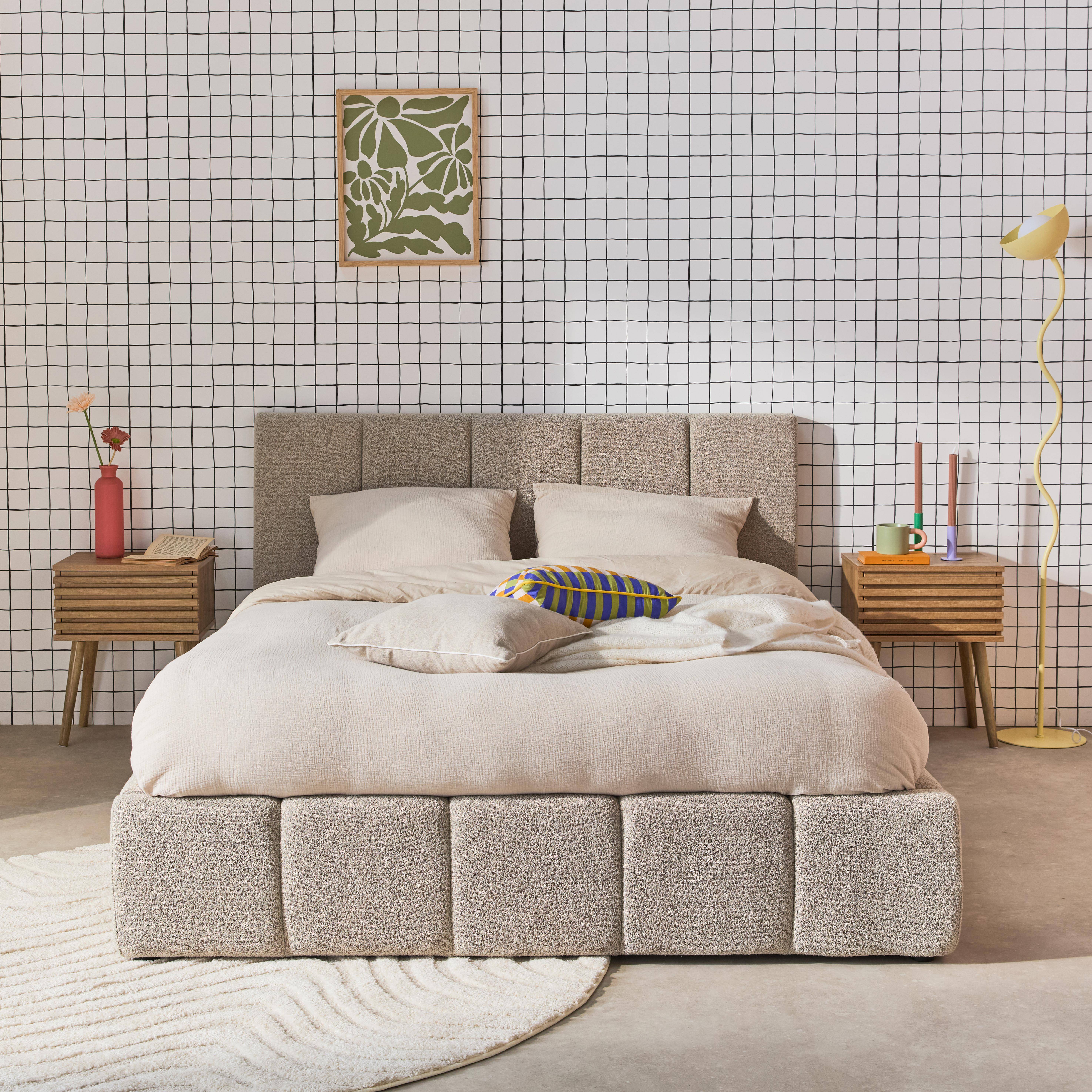 Cama baúl con somier a láminas y cabecero 140cm, acabado en borreguito , Lex, Beige, 211x155x91 cm Photo1