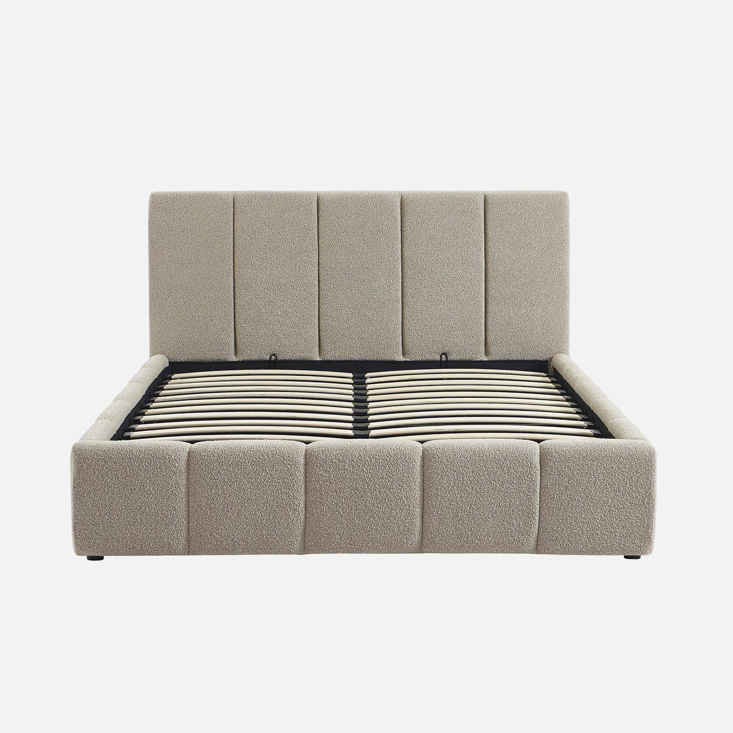 Lit coffre double avec sommier à lattes et tête de lit beige finition bouclette texturée 140x190cm- Lex Photo3