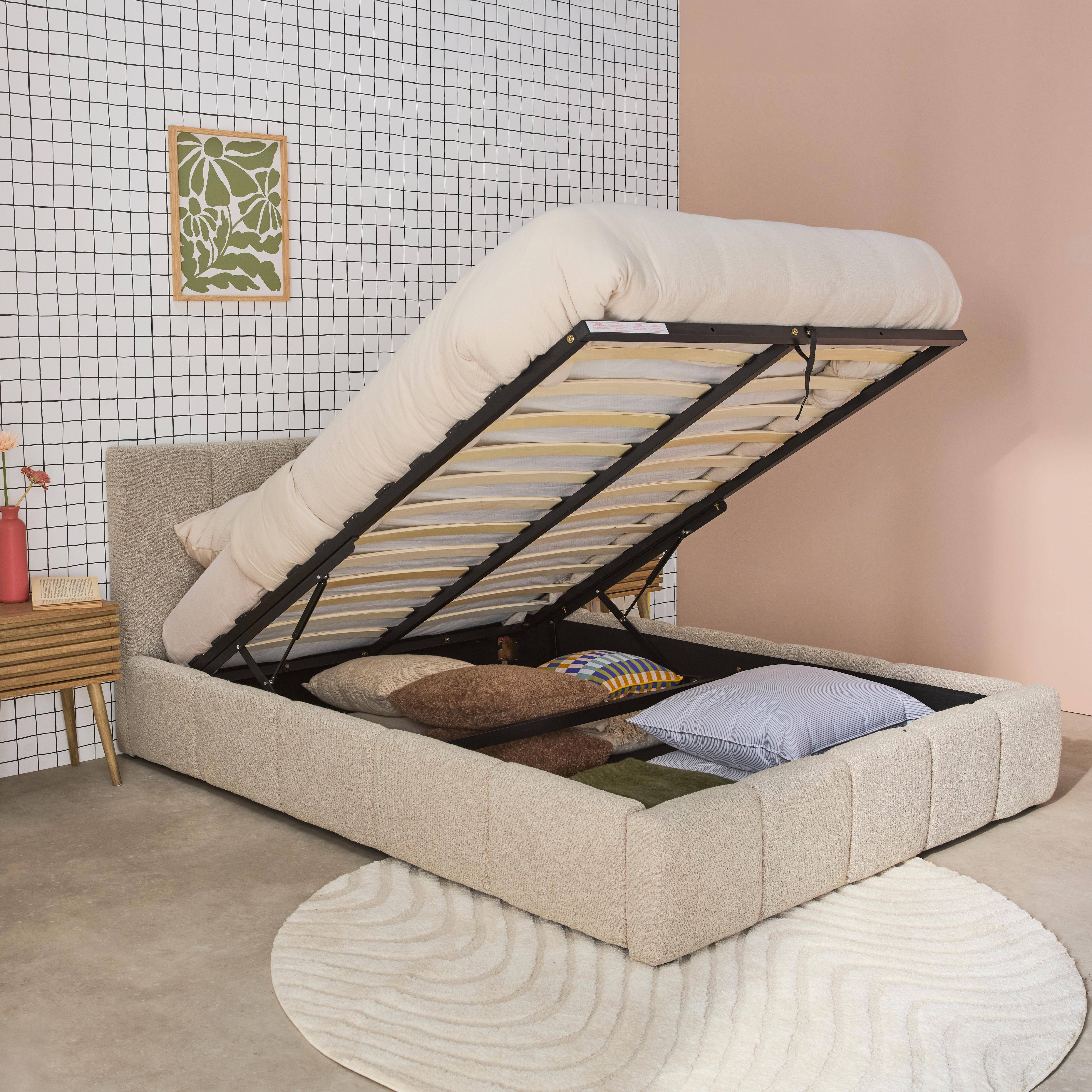 Cama baúl con somier a láminas y cabecero 140cm, acabado en borreguito , Lex, Beige, 211x155x91 cm Photo3