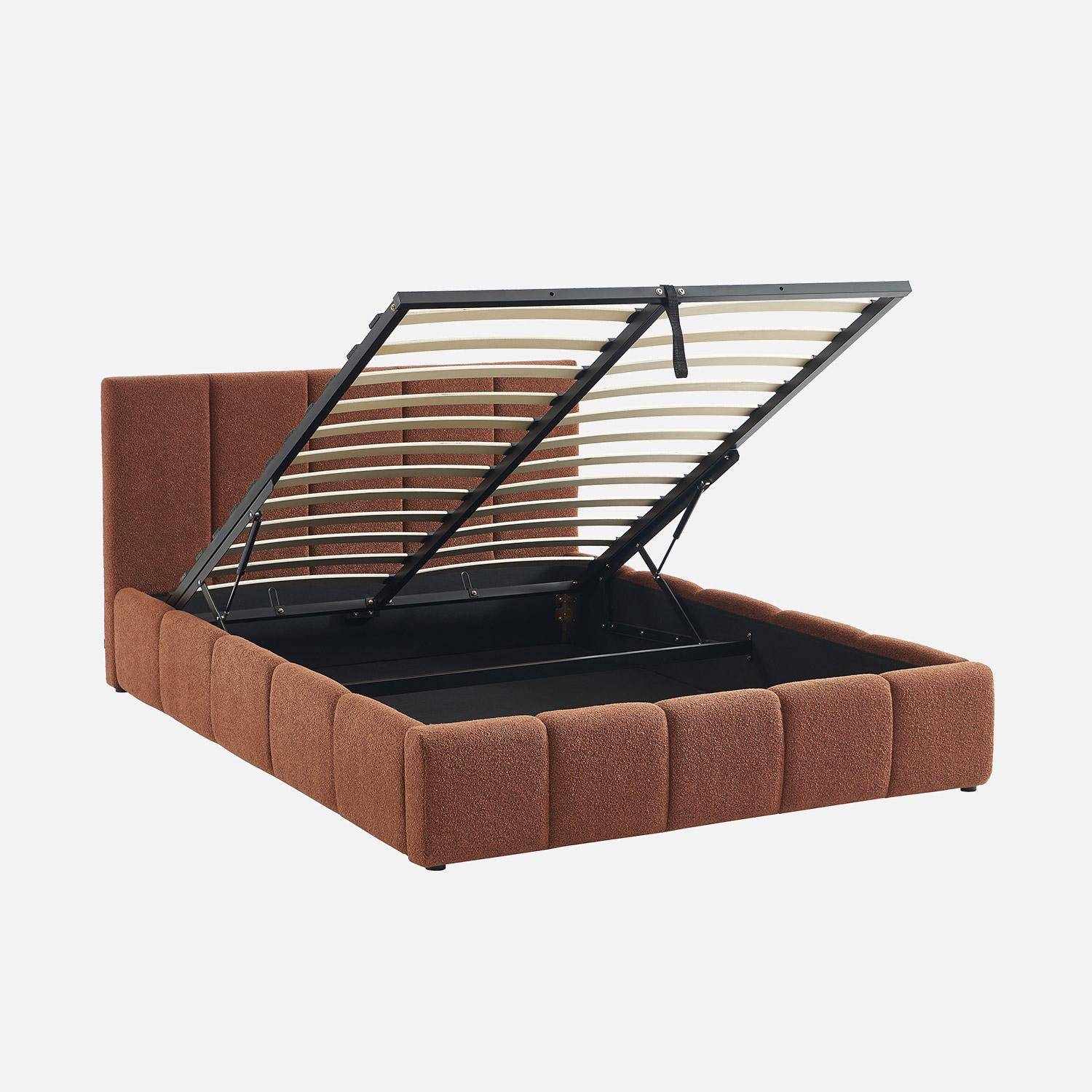 Lit coffre double avec sommier à lattes et tête de lit terracotta finition bouclette texturée 140x190cm- Lex Photo1