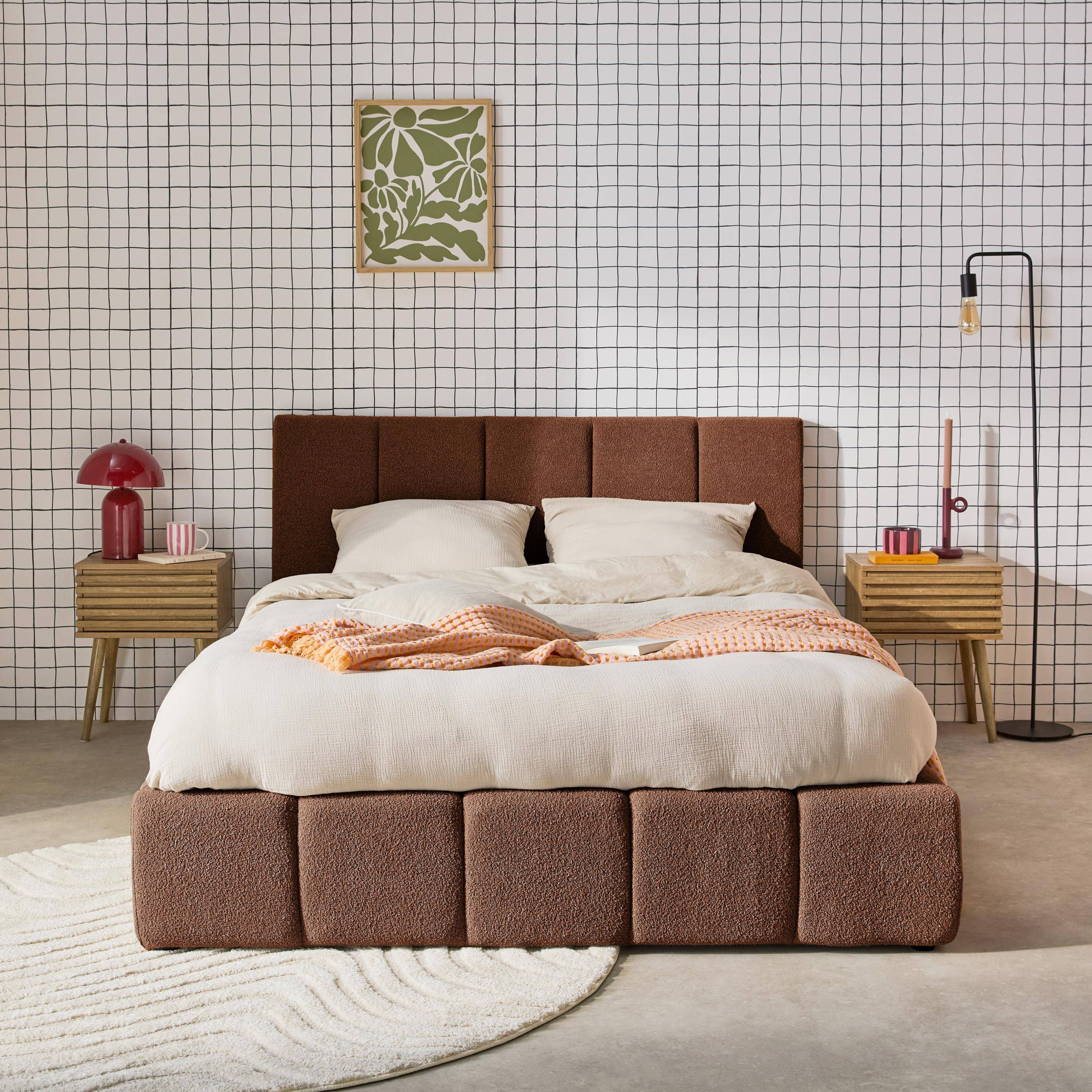 Cama baúl con somier a láminas y cabecero 140cm, acabado en borreguito , Lex, Terracotta, 211x155x91 cm Photo1