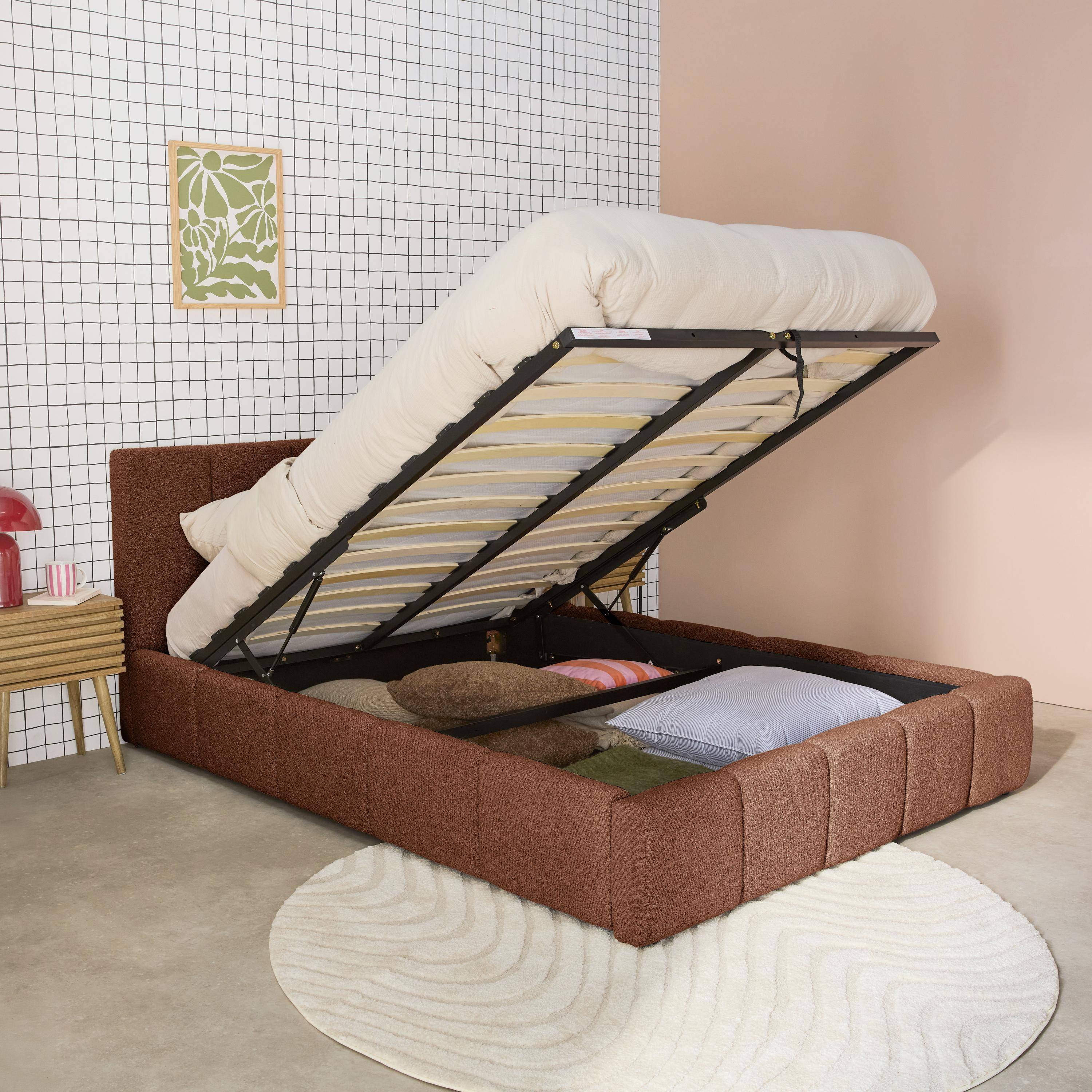 Cama baúl con somier a láminas y cabecero 140cm, acabado en borreguito , Lex, Terracotta, 211x155x91 cm Photo3