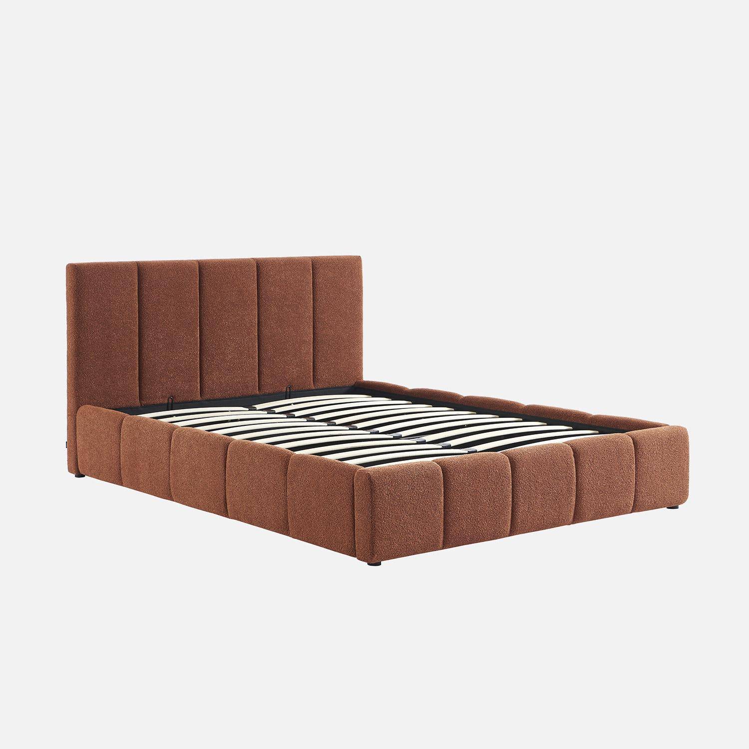 Lit coffre double avec sommier à lattes et tête de lit terracotta finition bouclette texturée 140x190cm- Lex Photo2