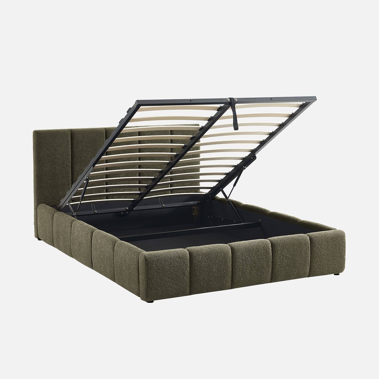 Lit coffre + sommier + tête de lit bouclette texturée kaki 140x190cm