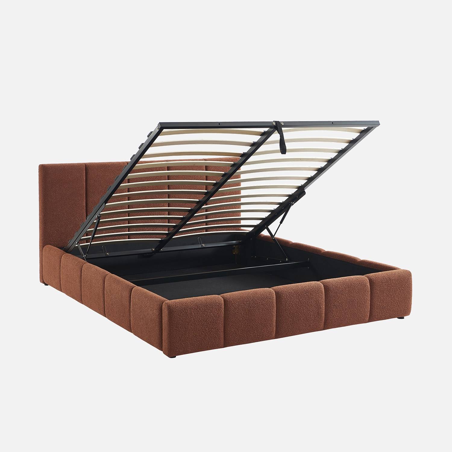 Lit coffre + sommier + tête de lit bouclette texturée terracotta 160x200cm