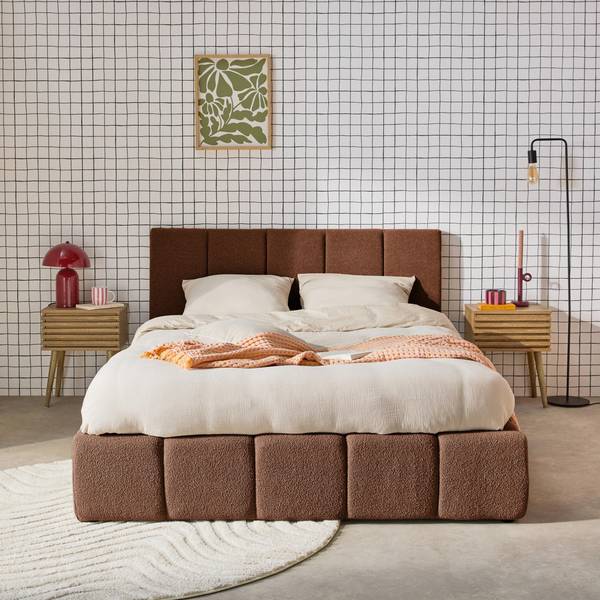 Boxbett + Lattenrost + Kopfteil mit strukturiertem Bouclé-Bezug 160 x 200 cm terrakotta