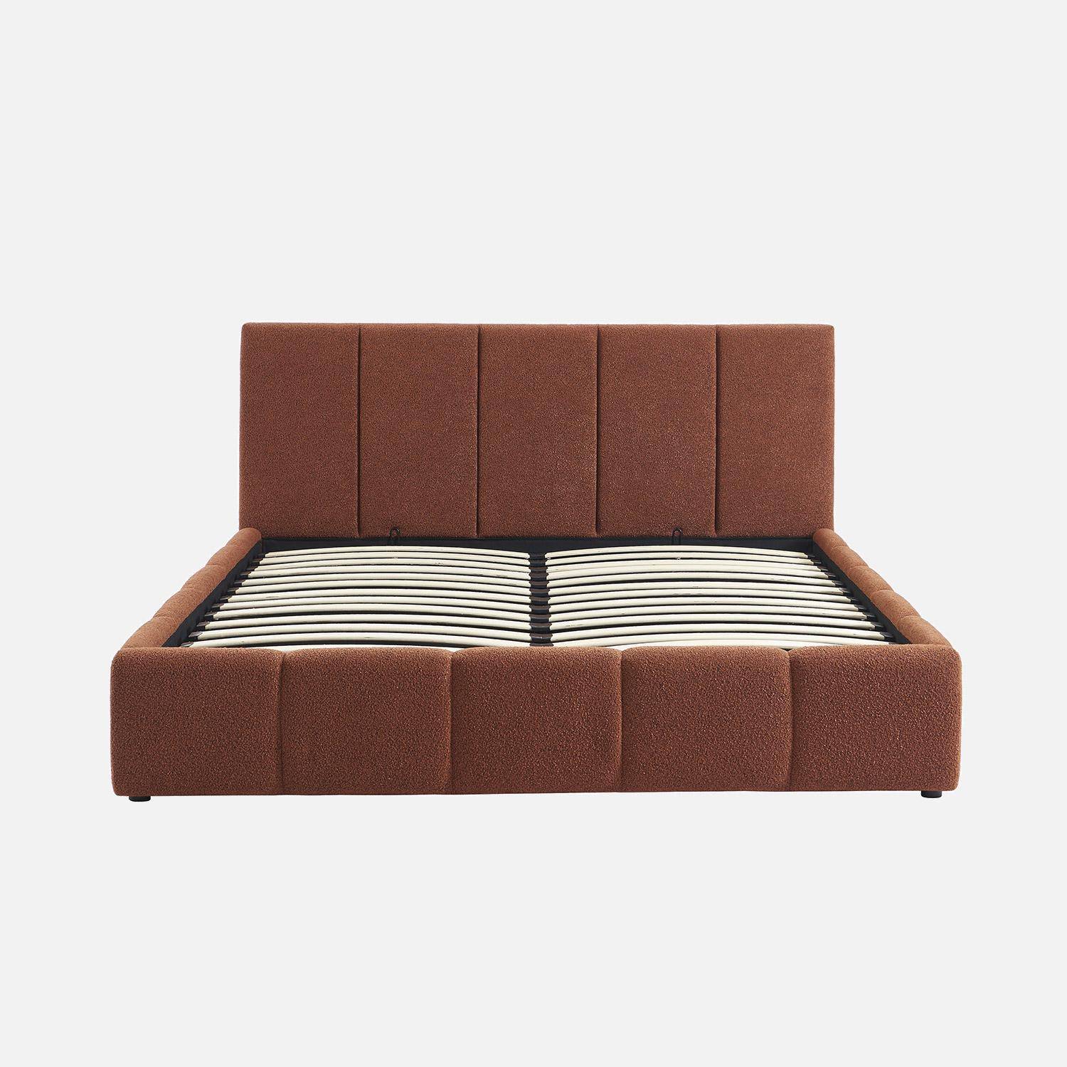 Lit coffre double avec sommier à lattes et tête de lit terracotta 160 x 200 cm bouclette texturée - Lex Photo2