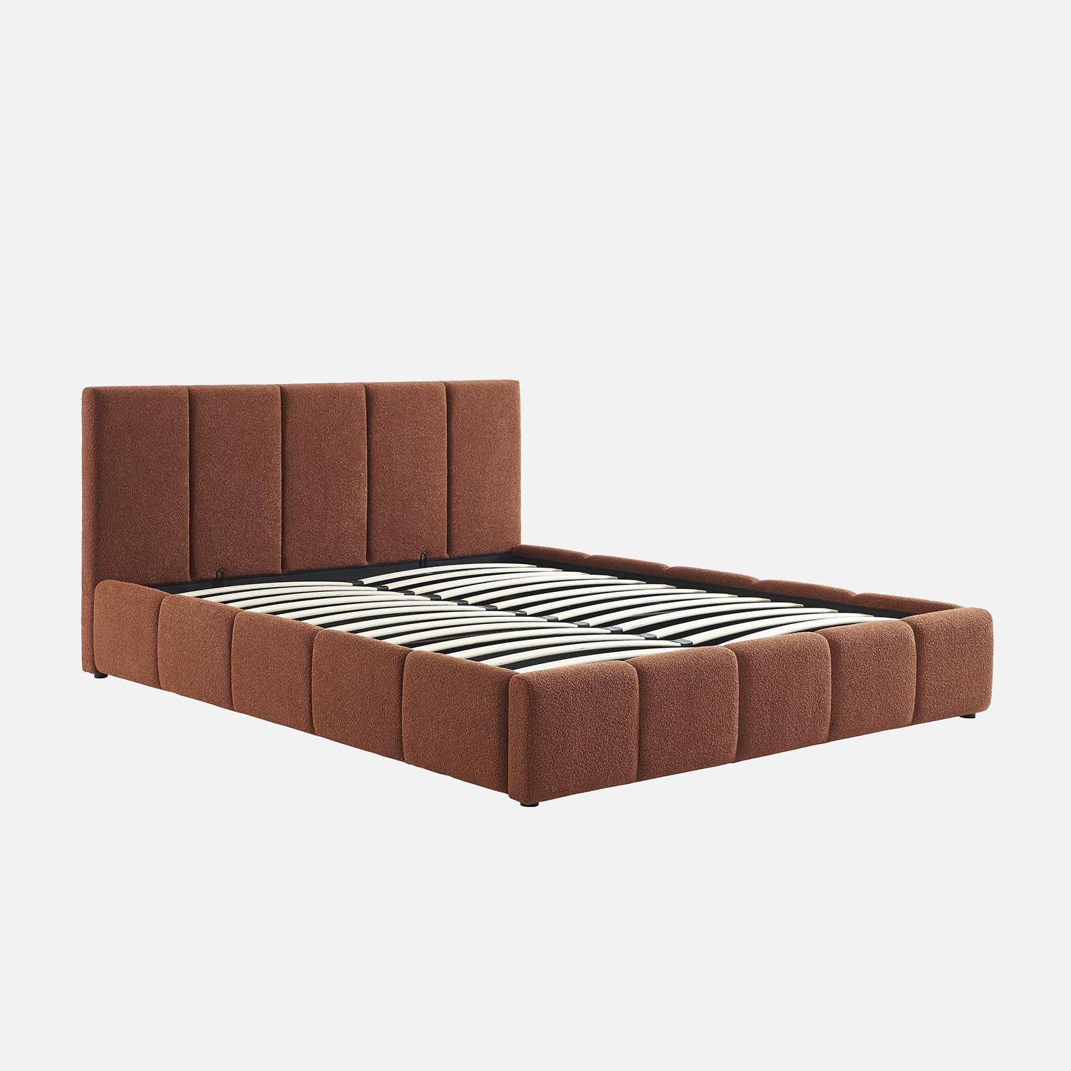 Lit coffre double avec sommier à lattes et tête de lit terracotta 160 x 200 cm bouclette texturée - Lex Photo5