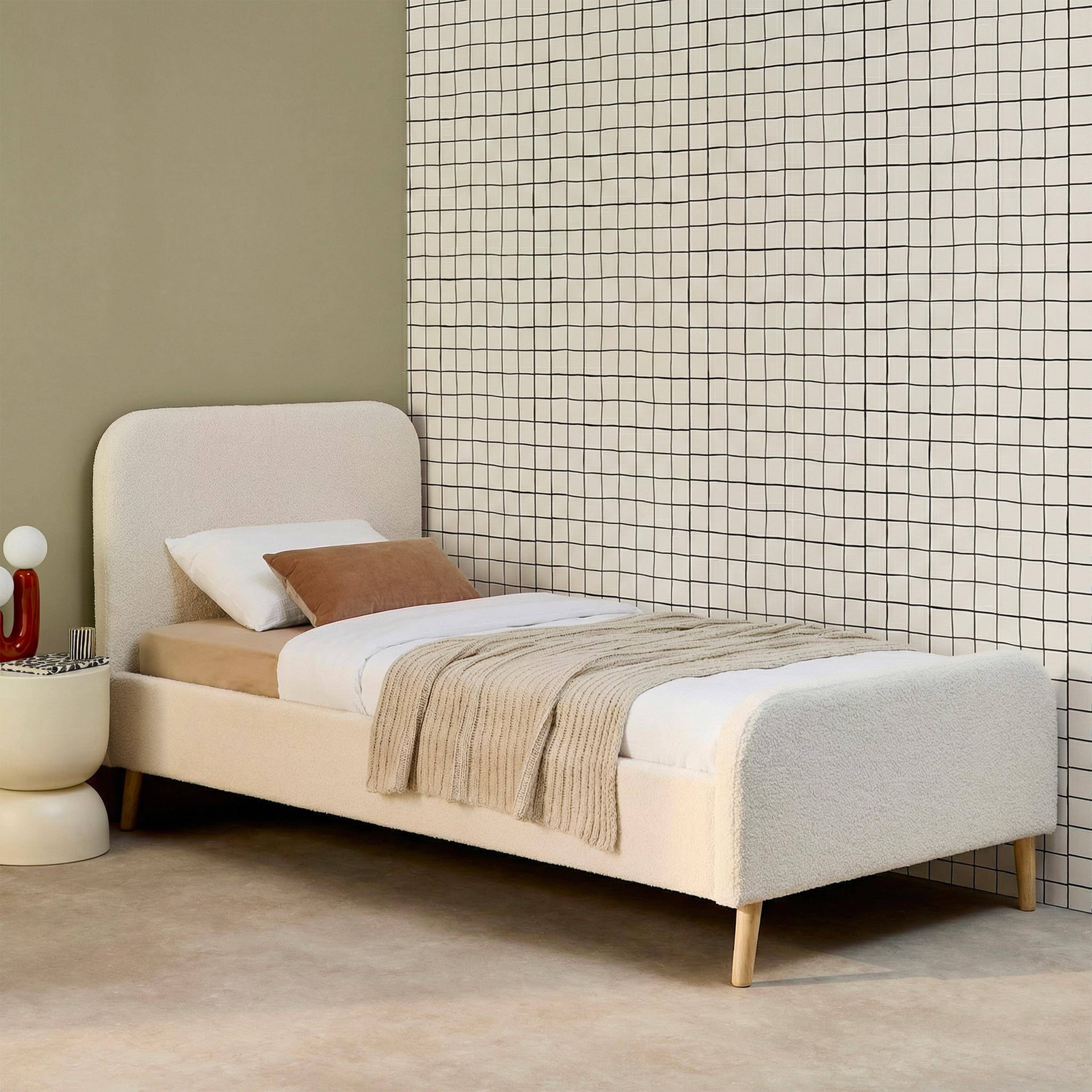 Letto con rete e testiera imbottita bouclé, 90x190cm Crema - 204x99x102 cm,sweeek,Photo1