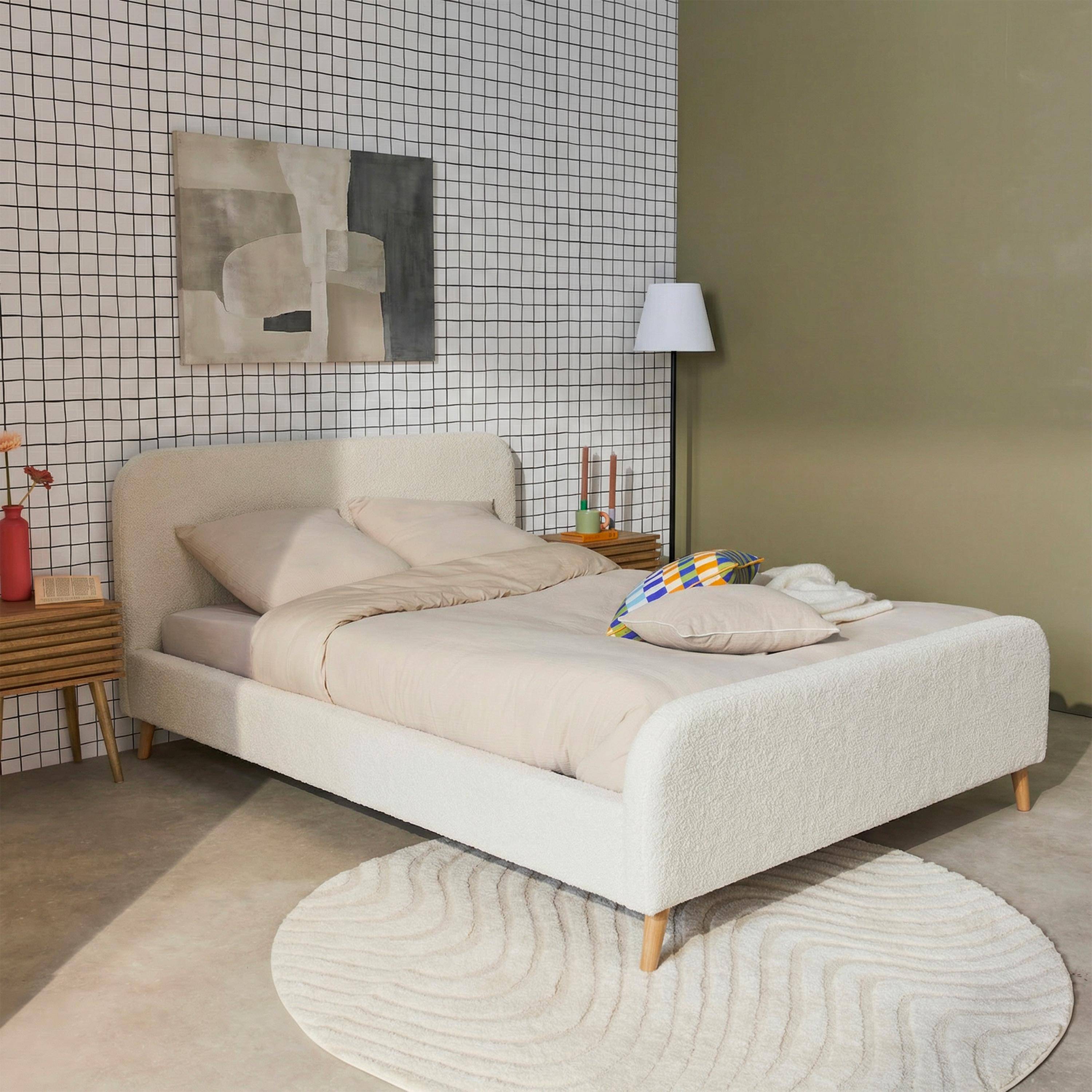 Letto con rete e testiera imbottita bouclé, 140x190cm Crema - 204x149x102 cm,sweeek,Photo1