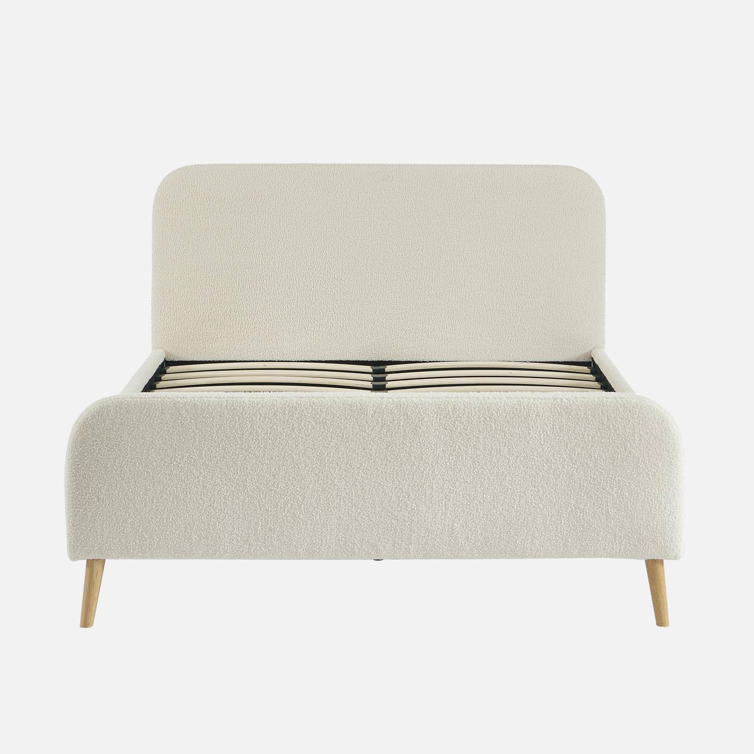Lit avec sommier à lattes et tête de lit rembourrée 2 places bouclette crème 140 x 190 cm - Finn,sweeek,Photo2