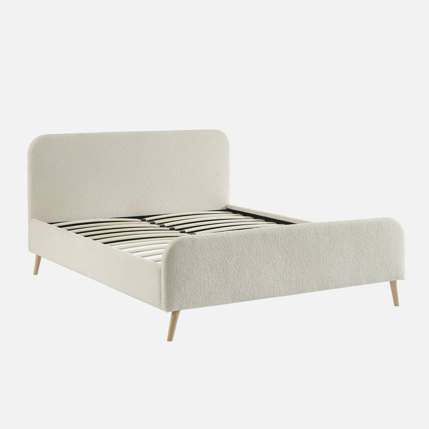 Cama con somier y cabecera tapizada borreguito, 160cm , Finn, Crema, 214x169x102 cm,sweeek,Photo1