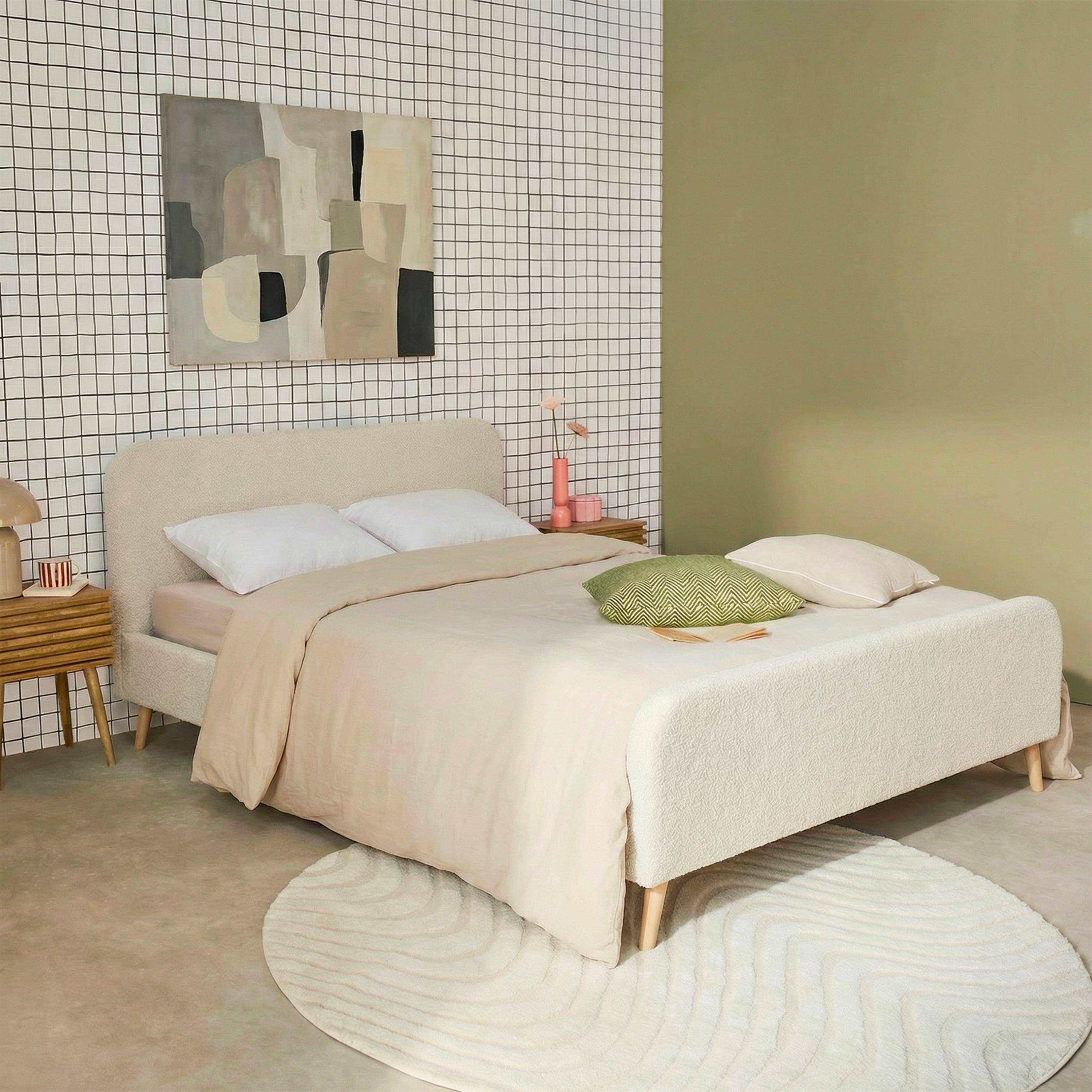 Letto con rete e testiera imbottita bouclé, 160x200cm Crema - 214x169x102 cm Photo1