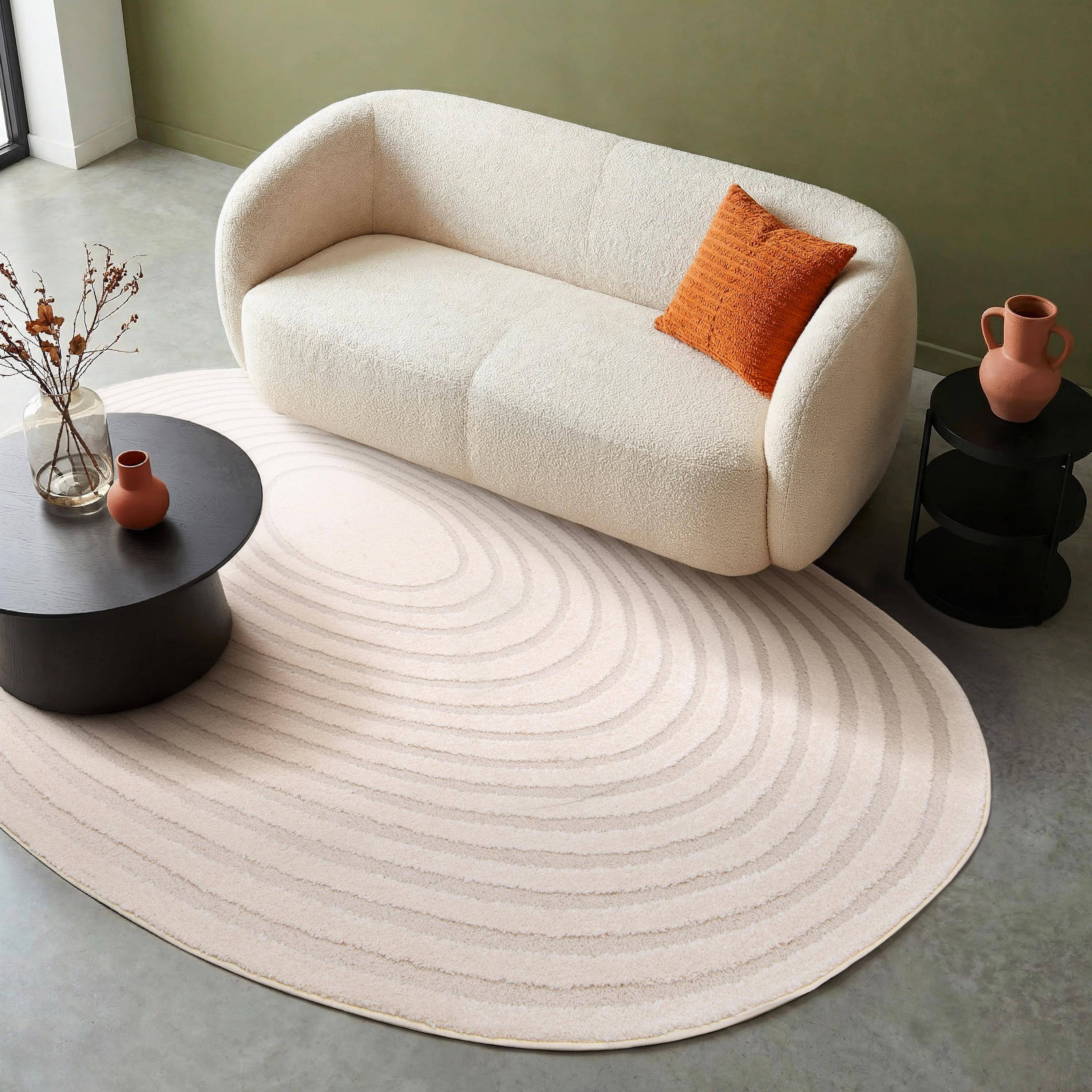 Tappeto interno forma di ciottolo motivo circolare crema, Amanda, Crema, 230x160x1.4 cm,sweeek,Photo1