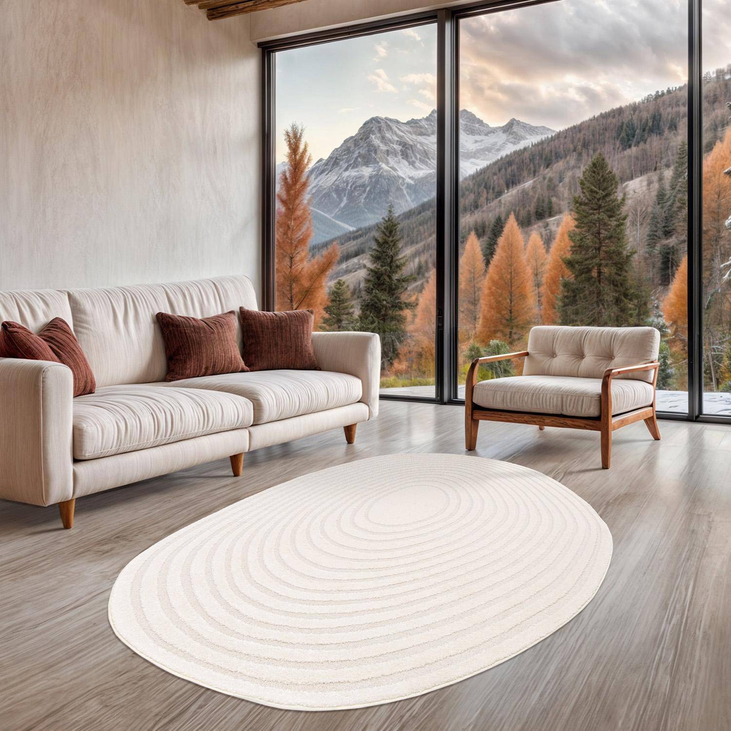 Alfombra interior shaggy guijarro diseño circular beige, Amanda, Crema, 229x160x1.4 cm Photo1