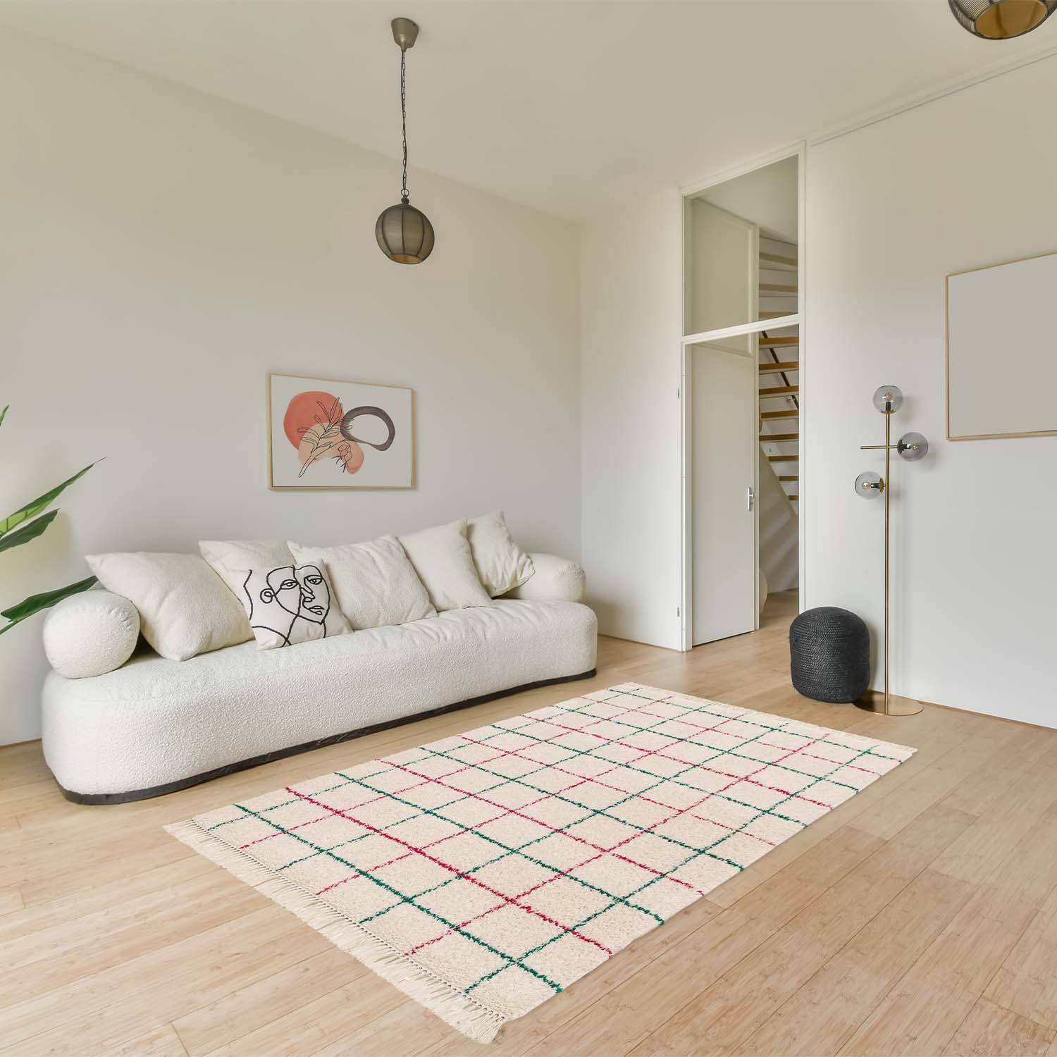 Interior rug shaggy multicoloured check pattern with fringes, Edward ...