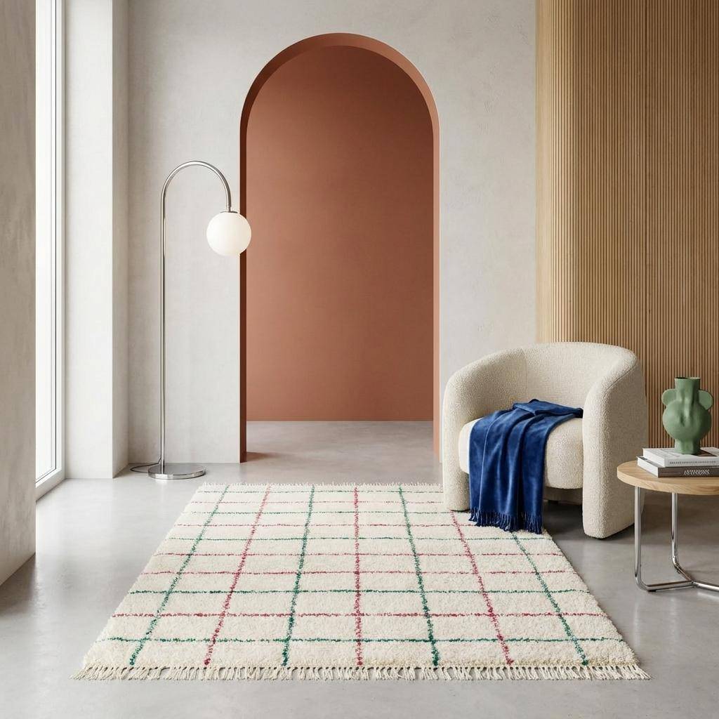 Interior rug shaggy multicoloured check pattern with fringes, Edward, 170x120x3cm,sweeek,Photo2