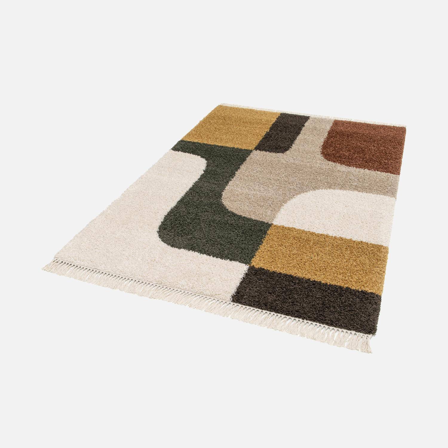 Interior rug shaggy multicoloured geometric pattern with fringes