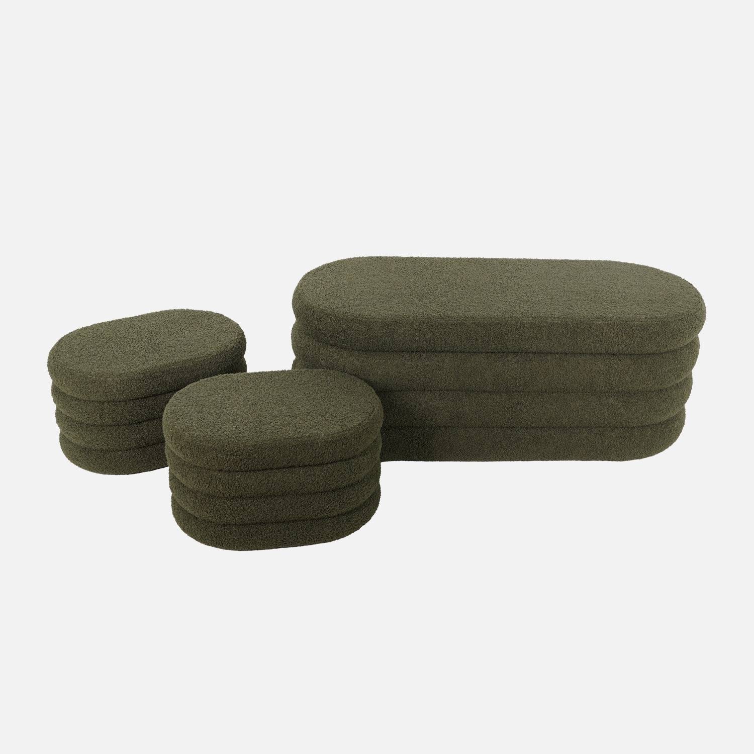Banco cofre de almacenamiento borreguito con 2 puffs, Verde kaki