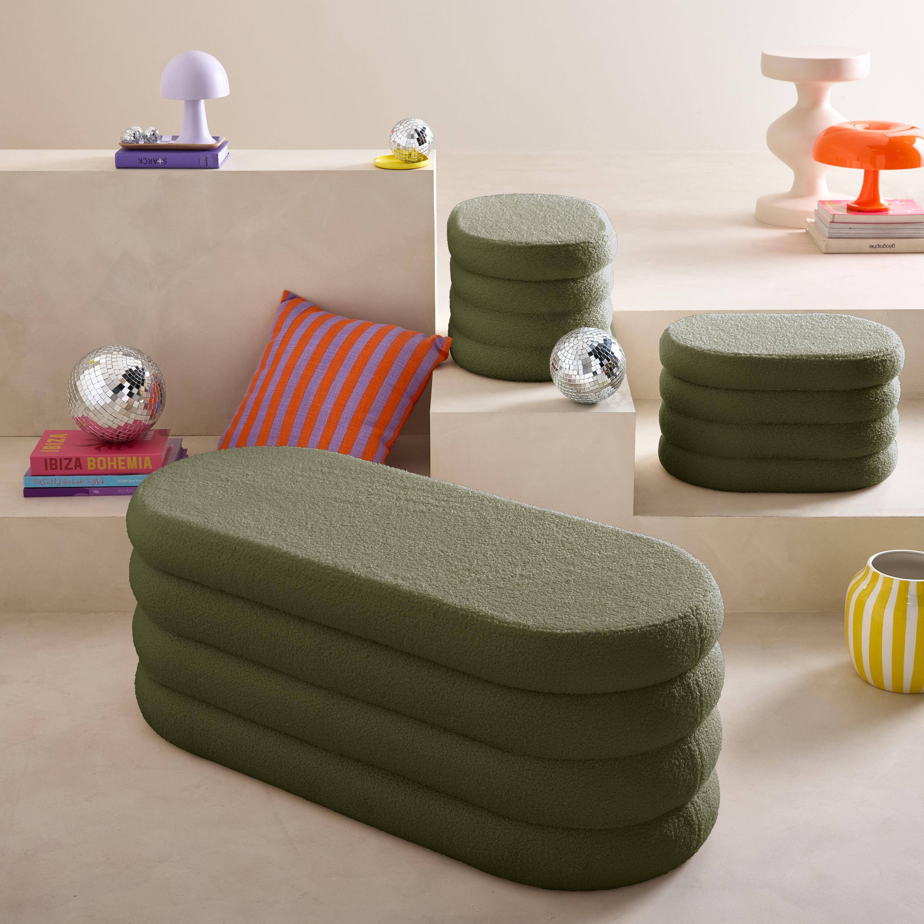Khaki Sitzbank mit 2 Hockern und Stauraum l sweeek