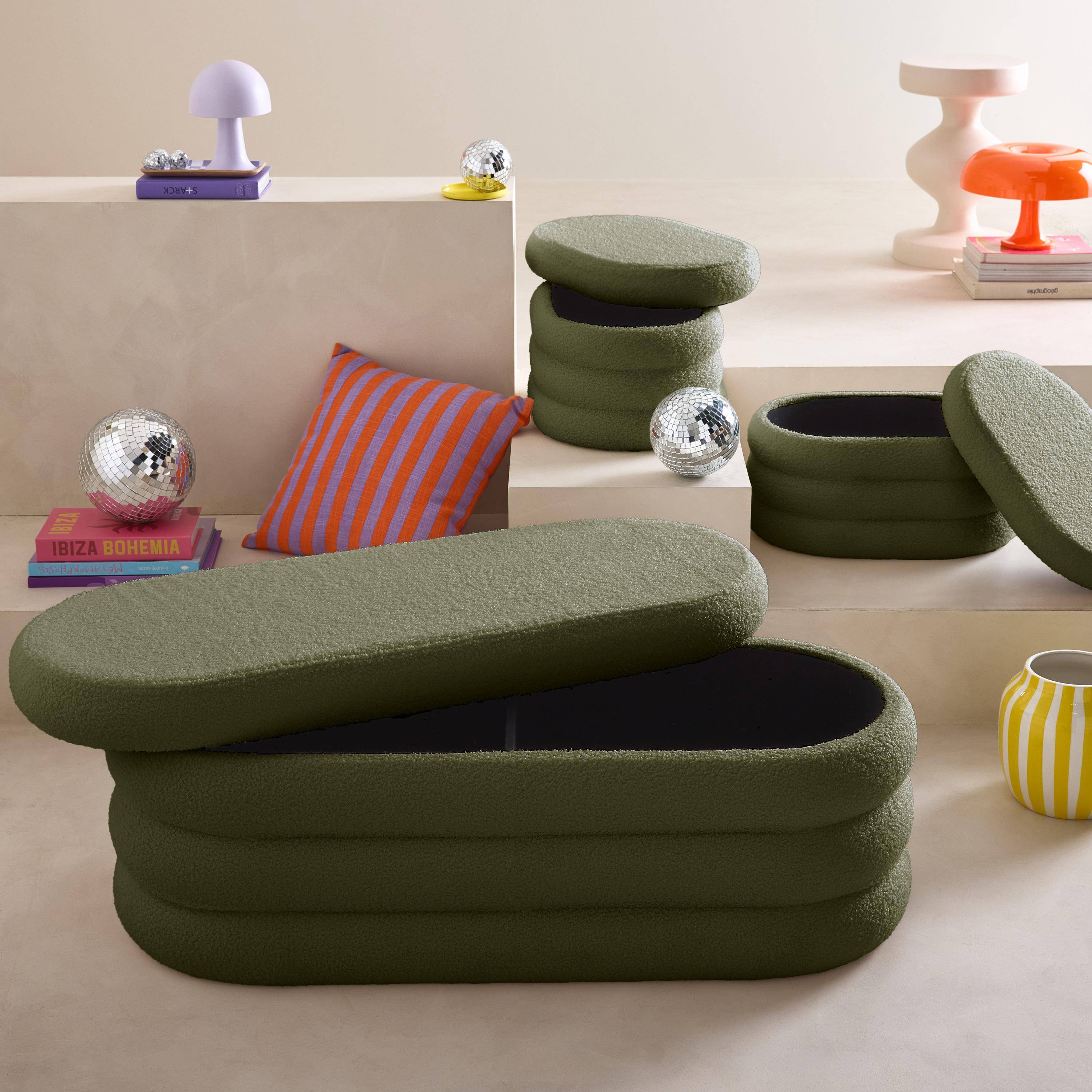 Khaki Sitzbank mit 2 Hockern und Stauraum l sweeek