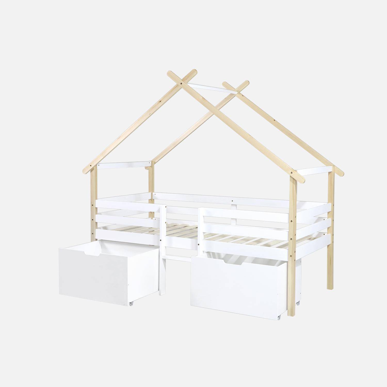 Cama infantil 90cm madera de pino somier de lamas incluido y 2 cajones, Sienna, Blanco, 212x102x188.5 cm Photo2