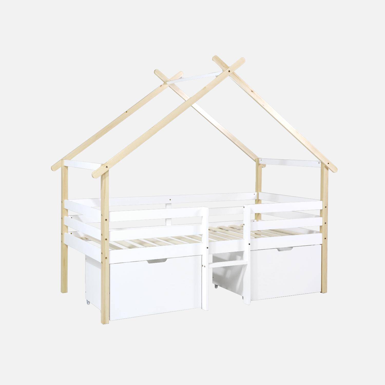 Cama infantil 90cm madera de pino somier de lamas incluido y 2 cajones, Sienna, Blanco, 212x102x188.5 cm Photo1